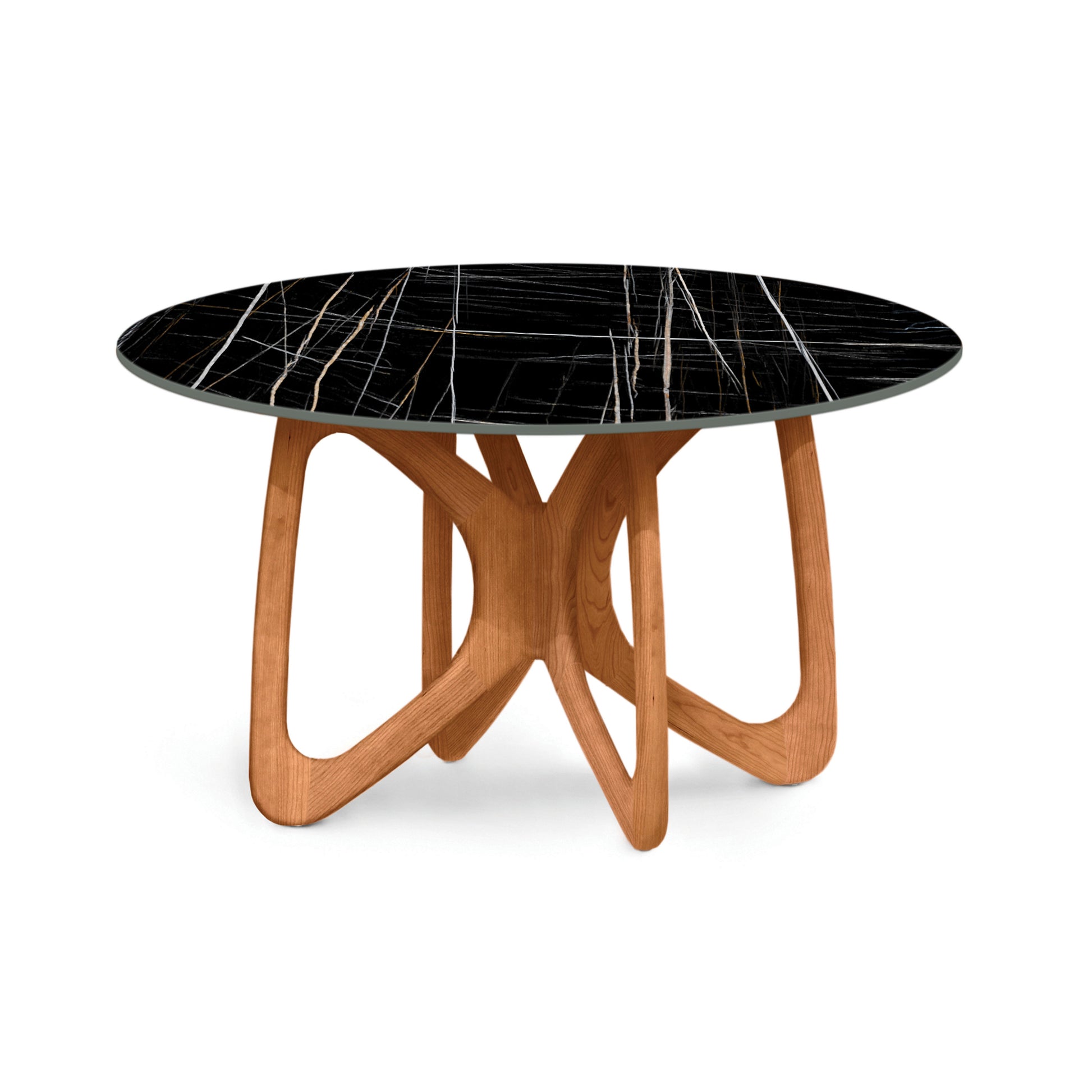 Butterfly Round Sintered Stone Top Table by Copeland Furniture with black marble-look top and sculptural light wood base, American made.