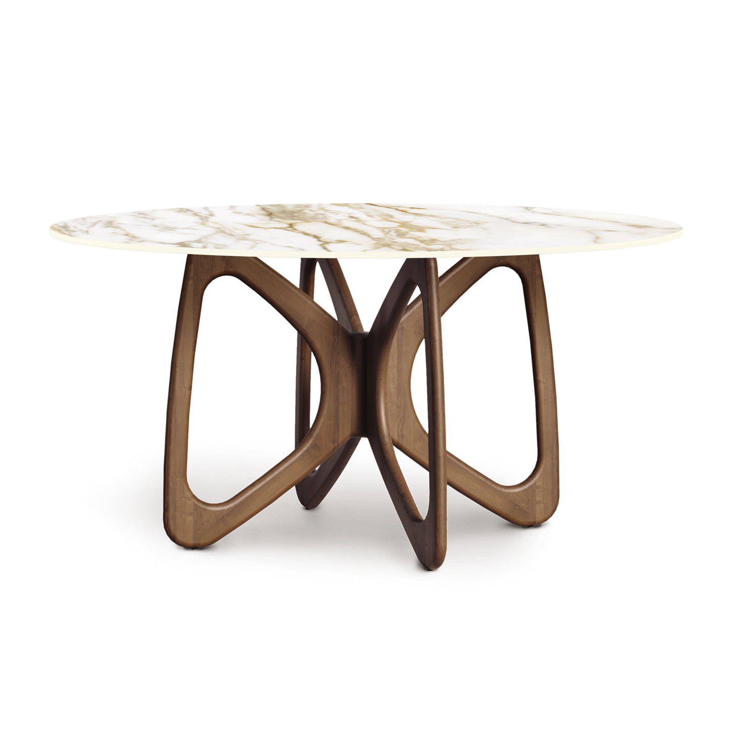 Butterfly Round Table with sintered stone top and interlocking geometric wood base by Copeland Furniture.