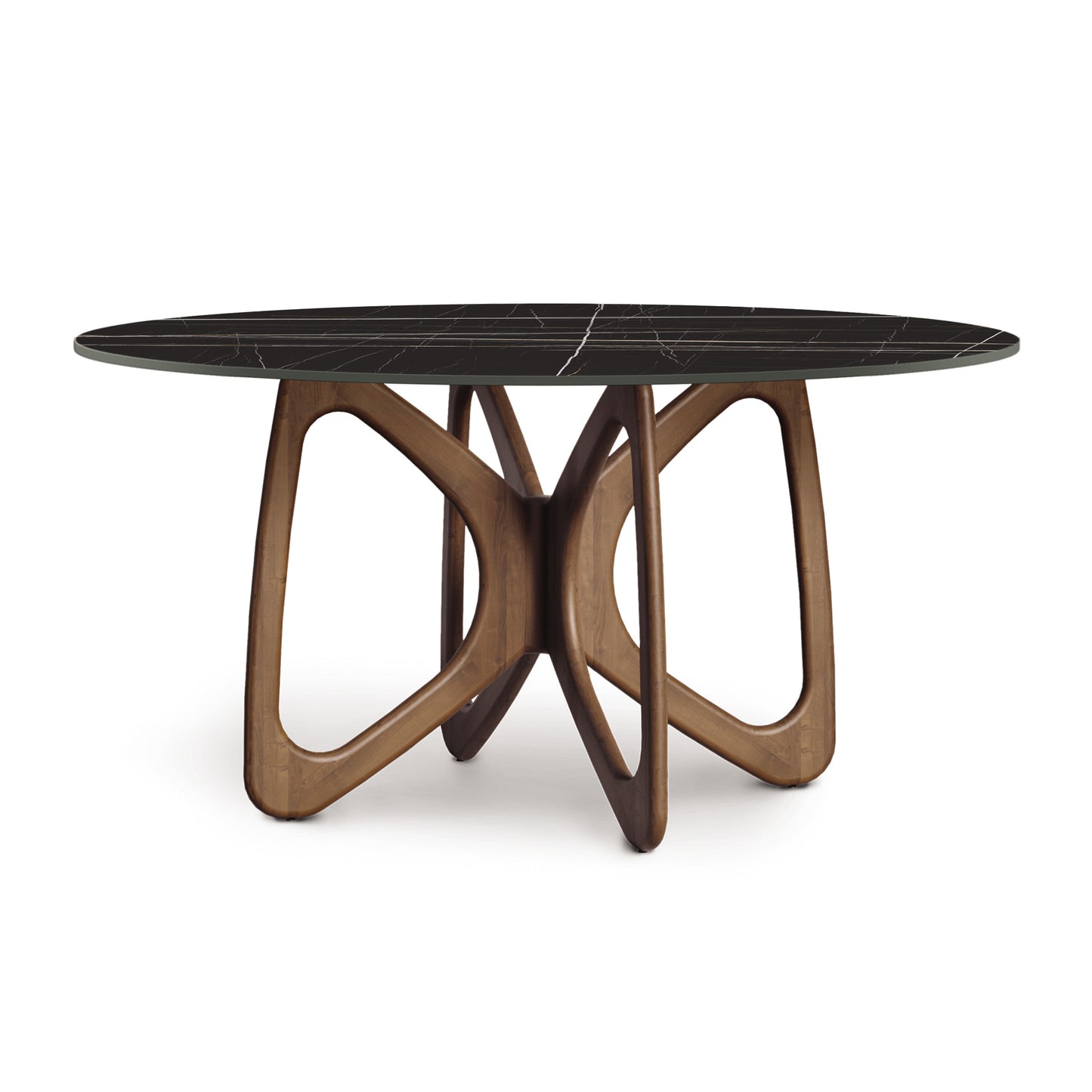 Butterfly Round Table by Copeland Furniture with eco-friendly dark sintered stone top and sculptural hardwood base.