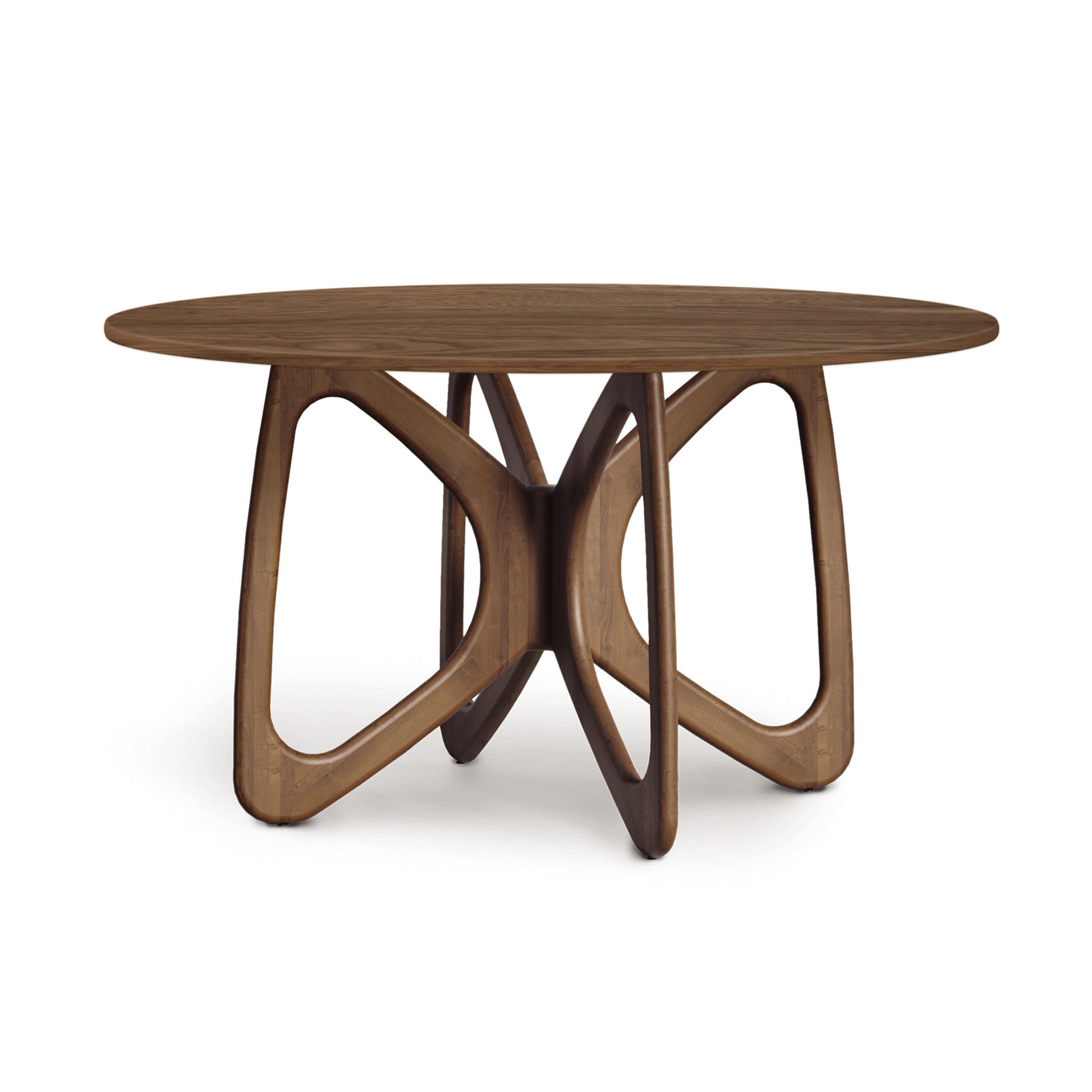 Butterfly Round Solid Top Dining Table by Copeland Furniture featuring an intricate geometric base.