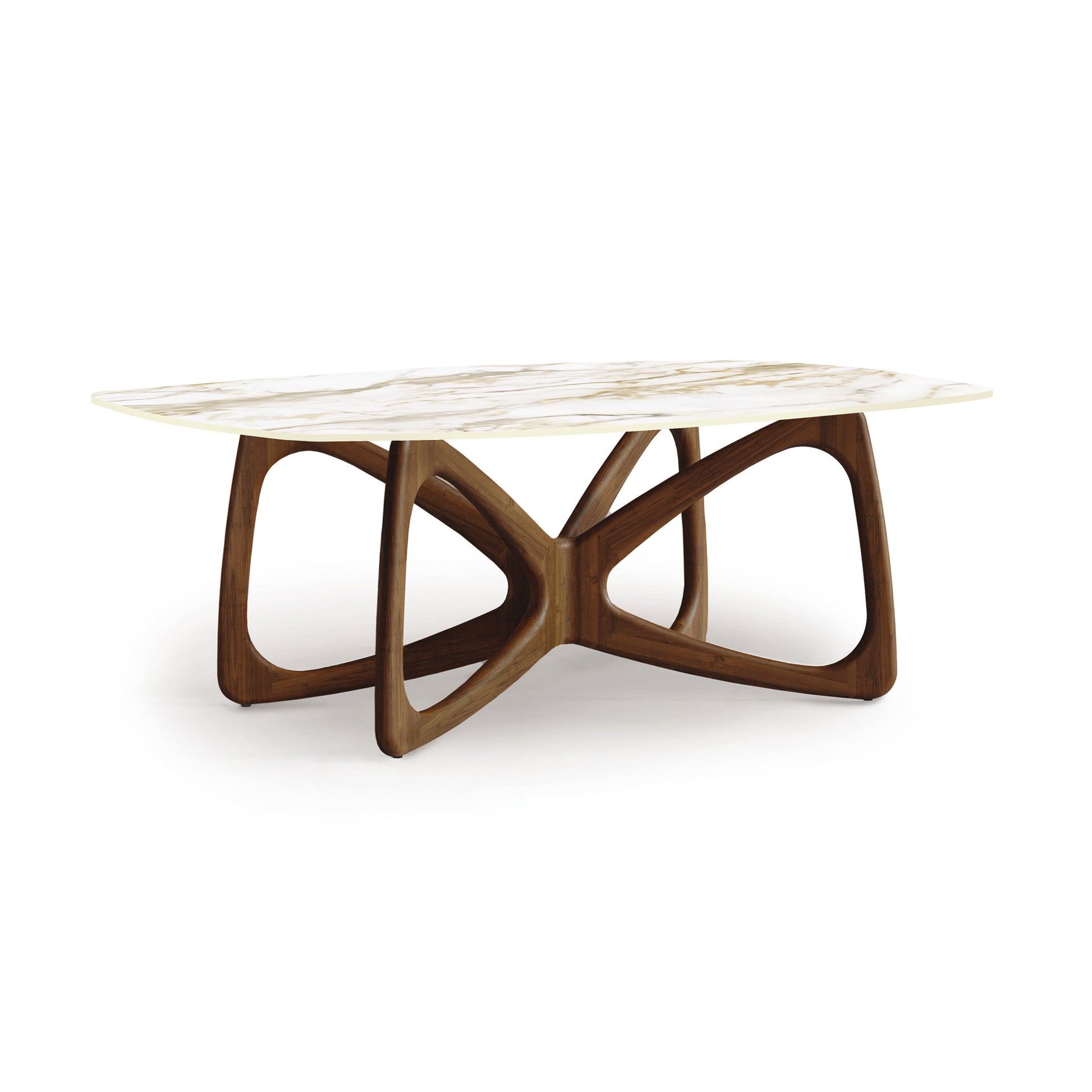 Copeland Furniture table with Butterfly Sintered Stone top and intertwined wooden base design.