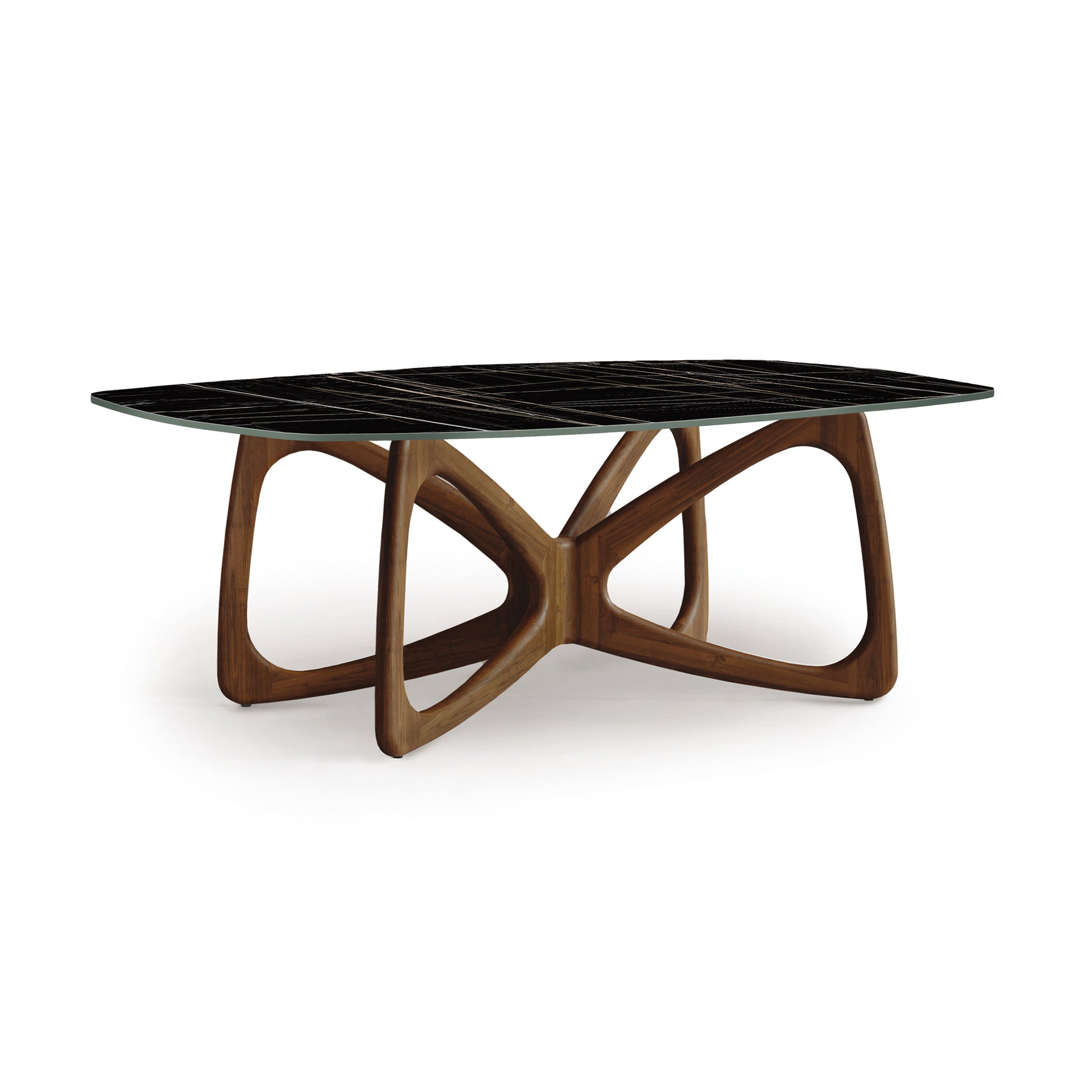 American-made glass coffee table featuring a sculptural interlocking wood base, inspired by Copeland Furniture's Butterfly style.