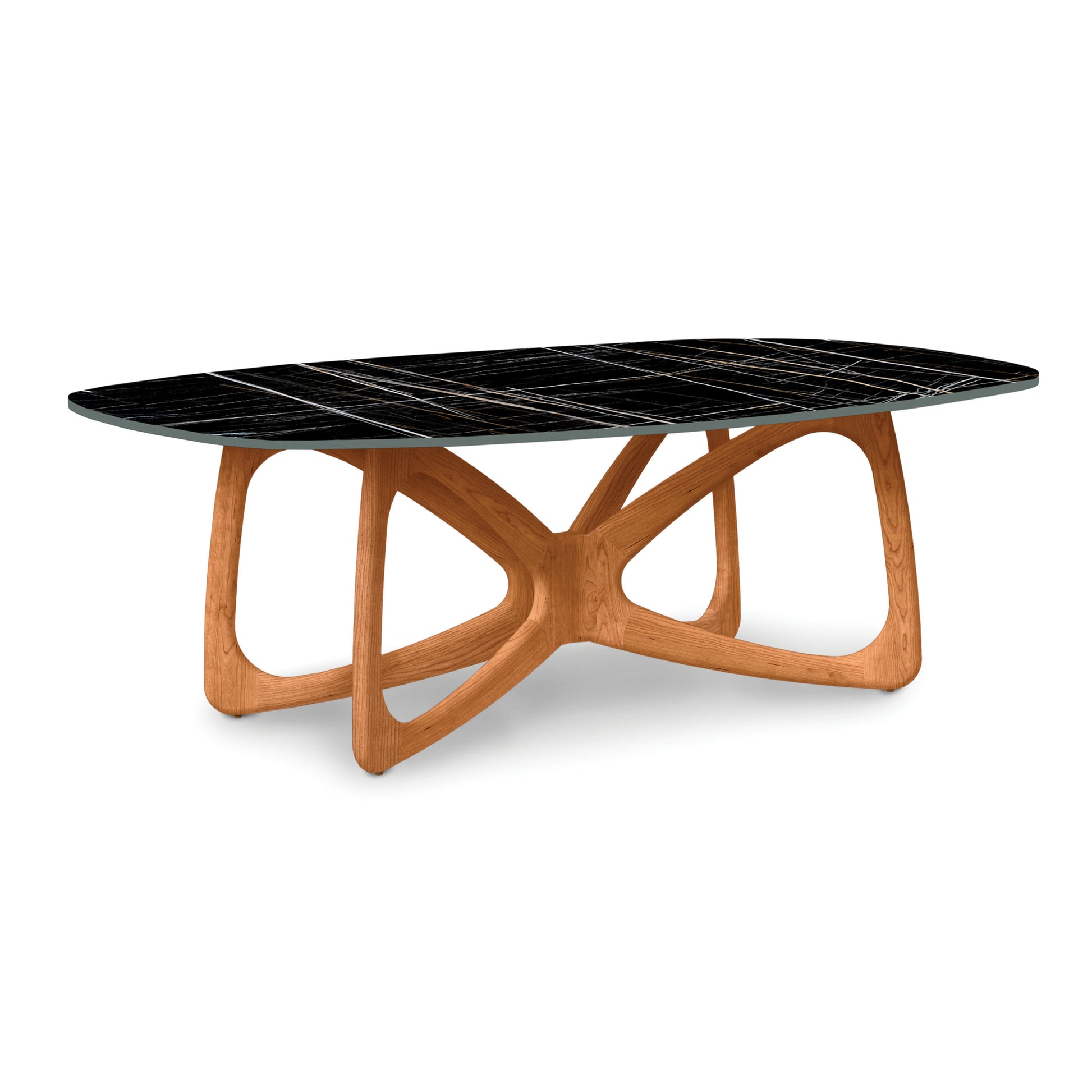 Butterfly Sintered Stone Top Table by Copeland Furniture with black oval eco-stone top and striking intersecting wood base, American made.