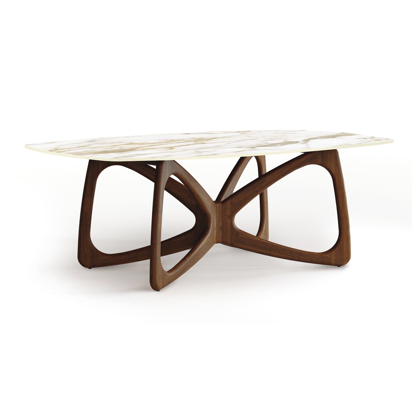 Butterfly Sintered Stone Top Table by Copeland Furniture with a white stone surface and sculptural curved wood base, handcrafted in the USA.