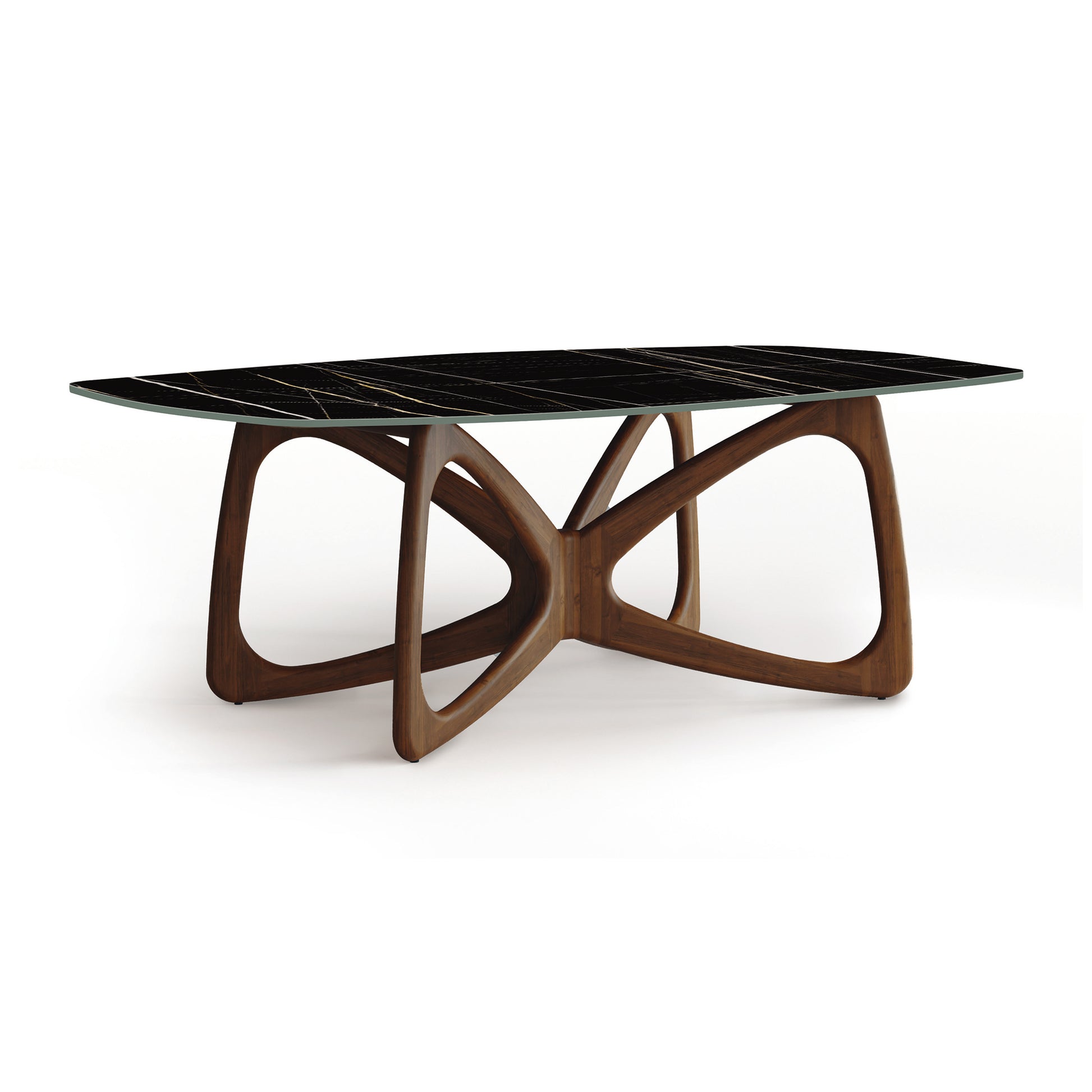 Butterfly Sintered Stone Boat Top Table by Copeland Furniture featuring a sleek dark glass top and an elegant sculptural wooden base.