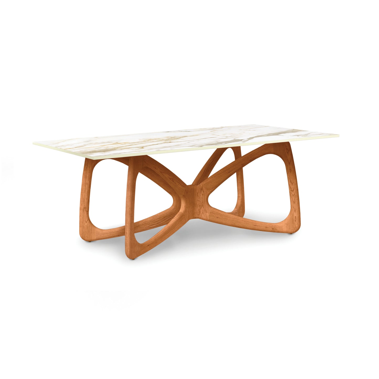 Butterfly Sintered Stone Top Table by Copeland Furniture with a white marble-like top and striking intersecting solid wood base, American made.
