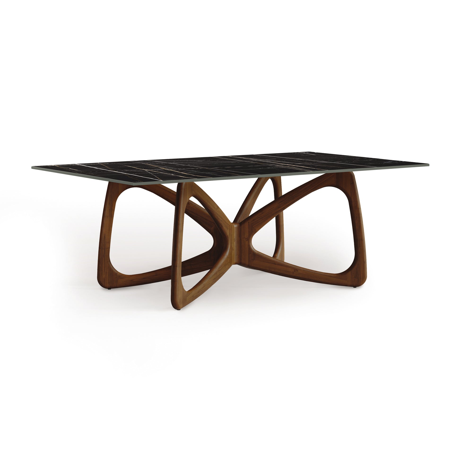 Butterfly Table by Copeland Furniture featuring an elegant stone top and intricately curved wooden base.