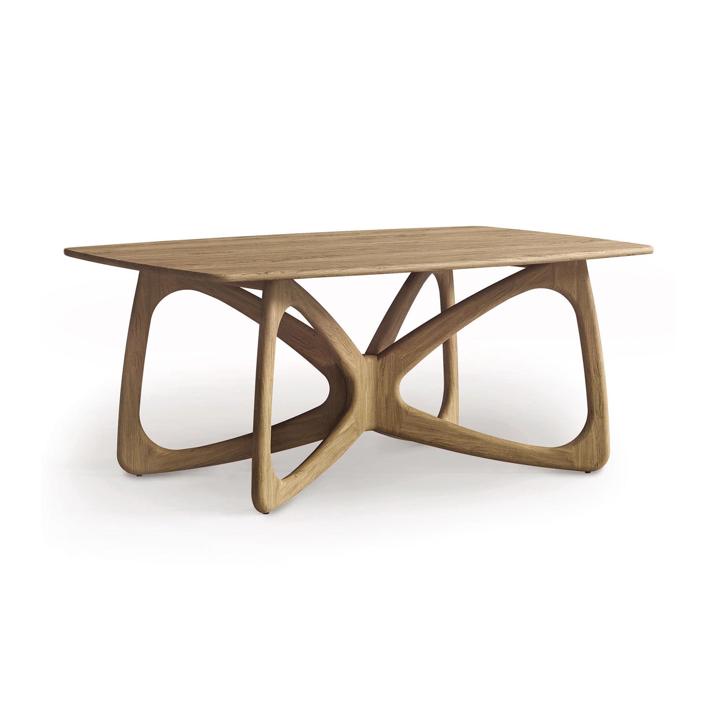 Presenting the Butterfly Solid Top Dining Table by Copeland Furniture, crafted from sustainably sourced hardwoods. This table features a rectangular top and an artistic, intertwined base design. With its natural wood finish, it embodies modern aesthetics with a contemporary style that is perfect for any living space.