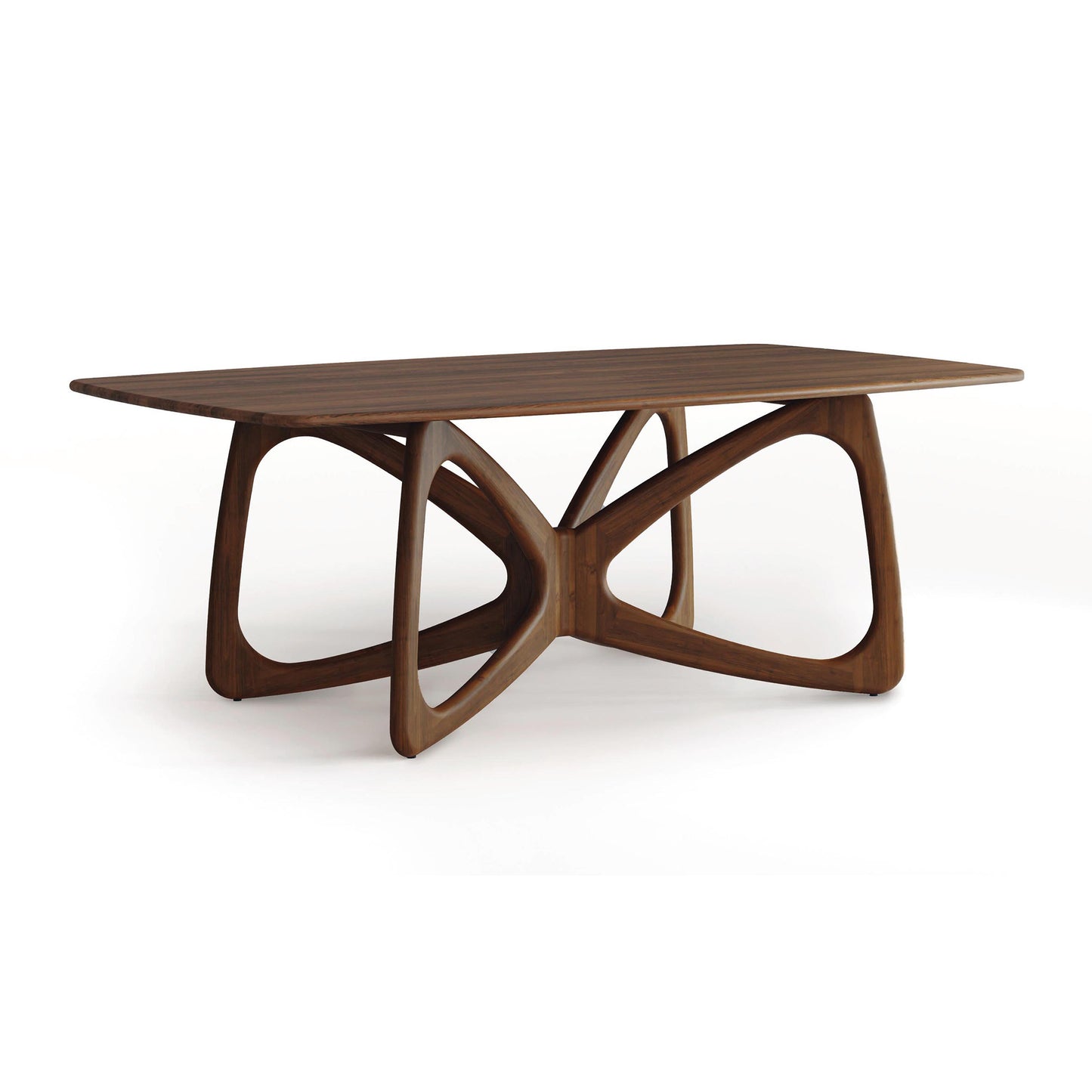 Alt text: Sustainable North American hardwood Copeland Furniture Butterfly Solid Top Dining Table with rectangular top, intricate curved interlocking supports, and modern geometric design. High-quality brown wooden table with smooth polished surface perfect for dining rooms.