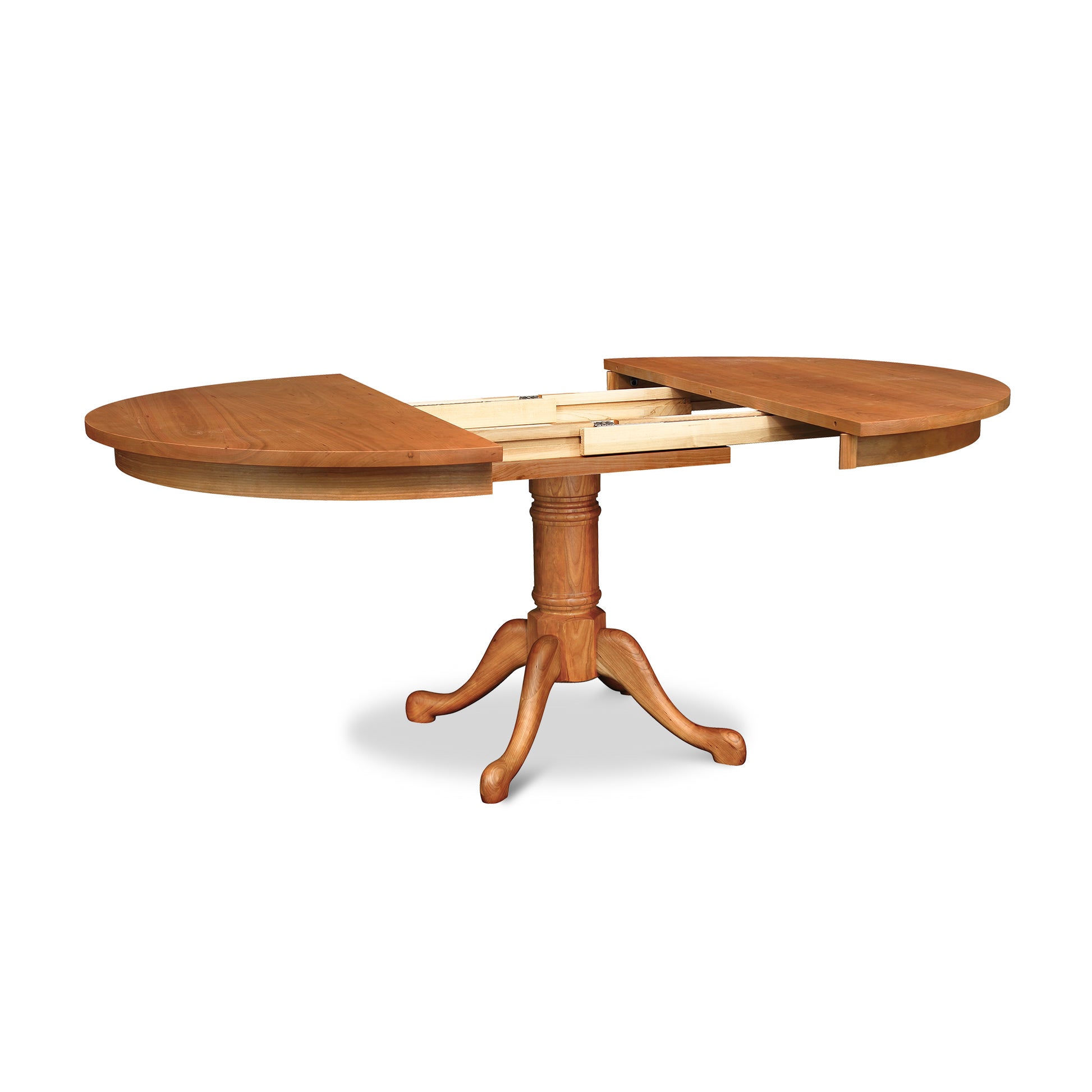 A traditional Cabriole Single Pedestal Round Extension Table with a wooden base made of North American hardwood, by Lyndon Furniture.