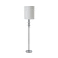 Cairn Floor Lamp by Hubbardton Forge with a white cylindrical shade, stacked silver rings, and round silver base; American made artisan lighting.