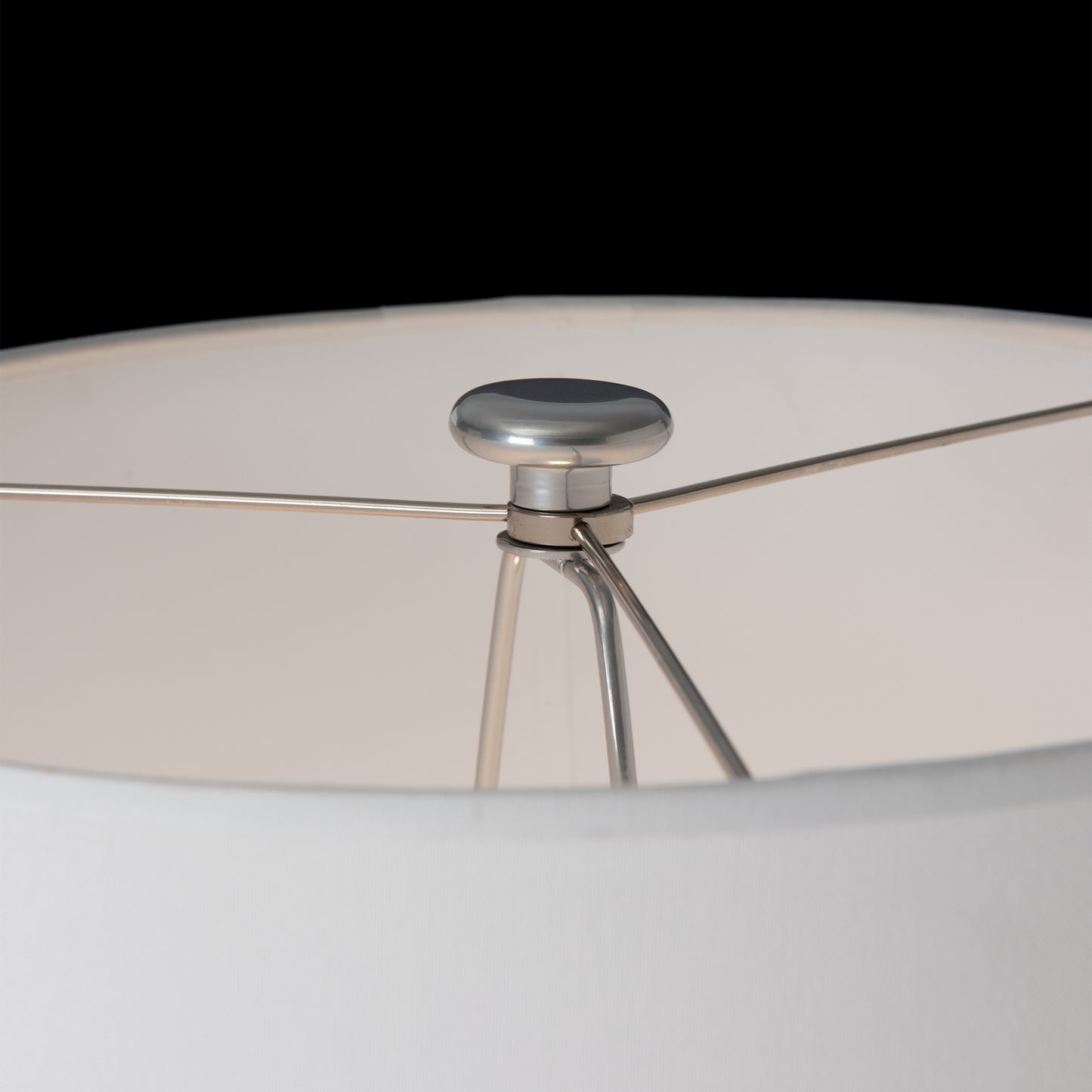 Hubbardton Forge Cairn Floor Lamp featuring a handcrafted white shade, elegant metal spokes, and a round silver finial, American made quality.