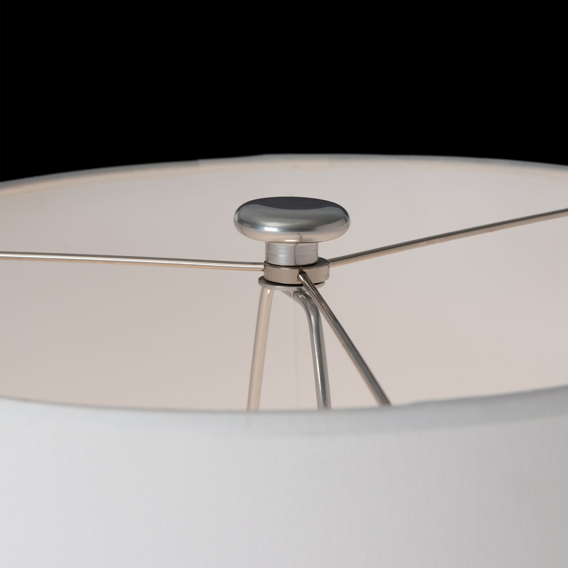 Hubbardton Forge Cairn Floor Lamp featuring a handcrafted white shade, elegant metal spokes, and a round silver finial, American made quality.