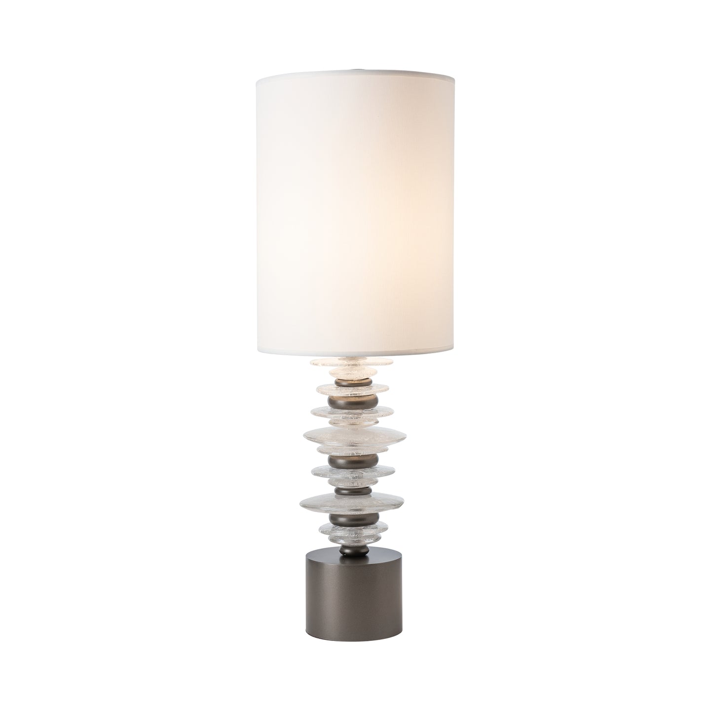 Cairn Table Lamp by Hubbardton Forge with elegant white cylindrical shade, metallic base, and stacked glass discs; American-made artisan furniture piece.