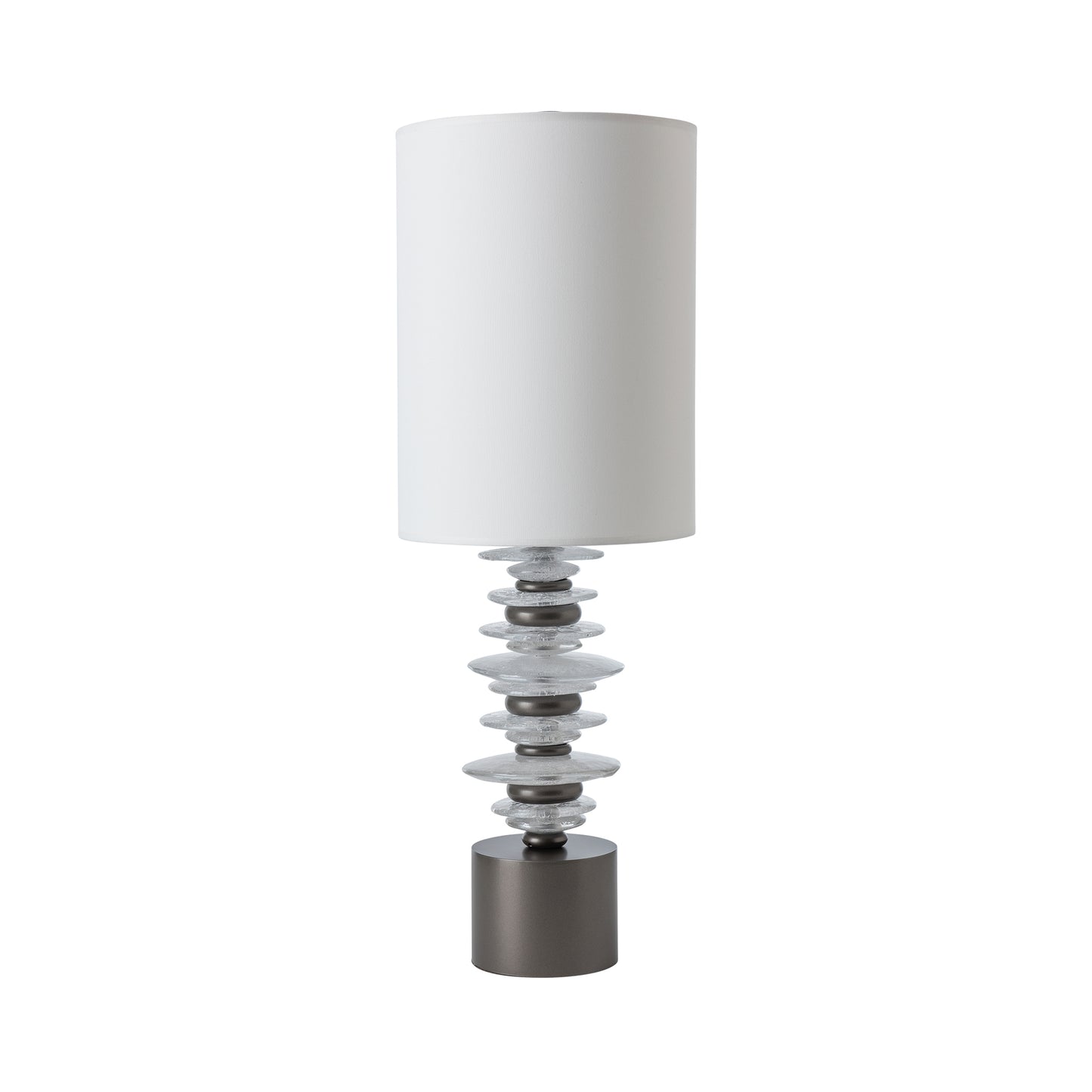Cairn Table Lamp by Hubbardton Forge with a white cylindrical shade and artisan-stacked glass disc base, American made for Vermont Woods Studios.