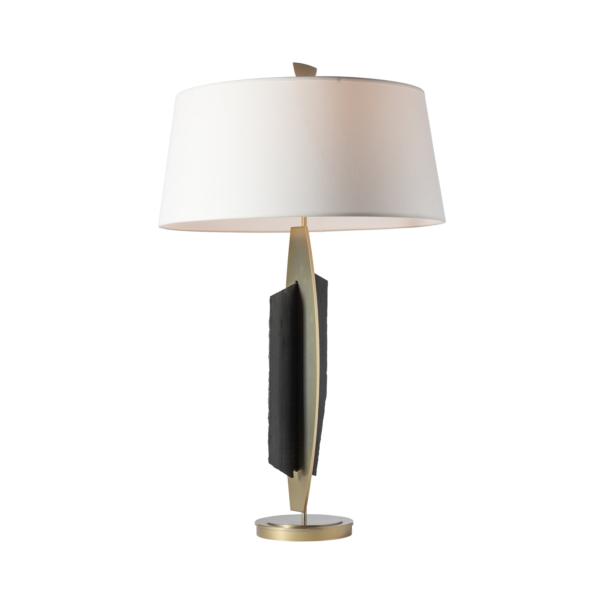 Cambrian Table Lamp featuring a modern geometric base in handcrafted Vermont steel with a white shade and circular platform.