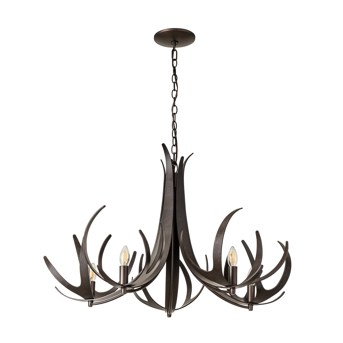 Hubbardton Forge Caribou 5-Light Chandelier featuring a dark-finish metal frame with a curved, antler-inspired design.