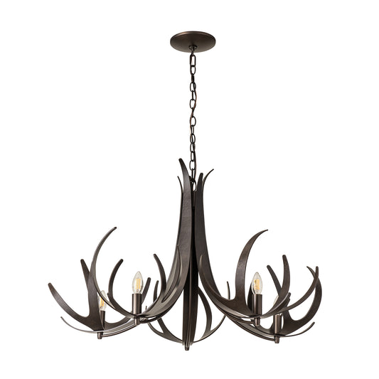 Hubbardton Forge Caribou 5-Light Chandelier featuring a dark-finish metal frame with a curved, antler-inspired design.