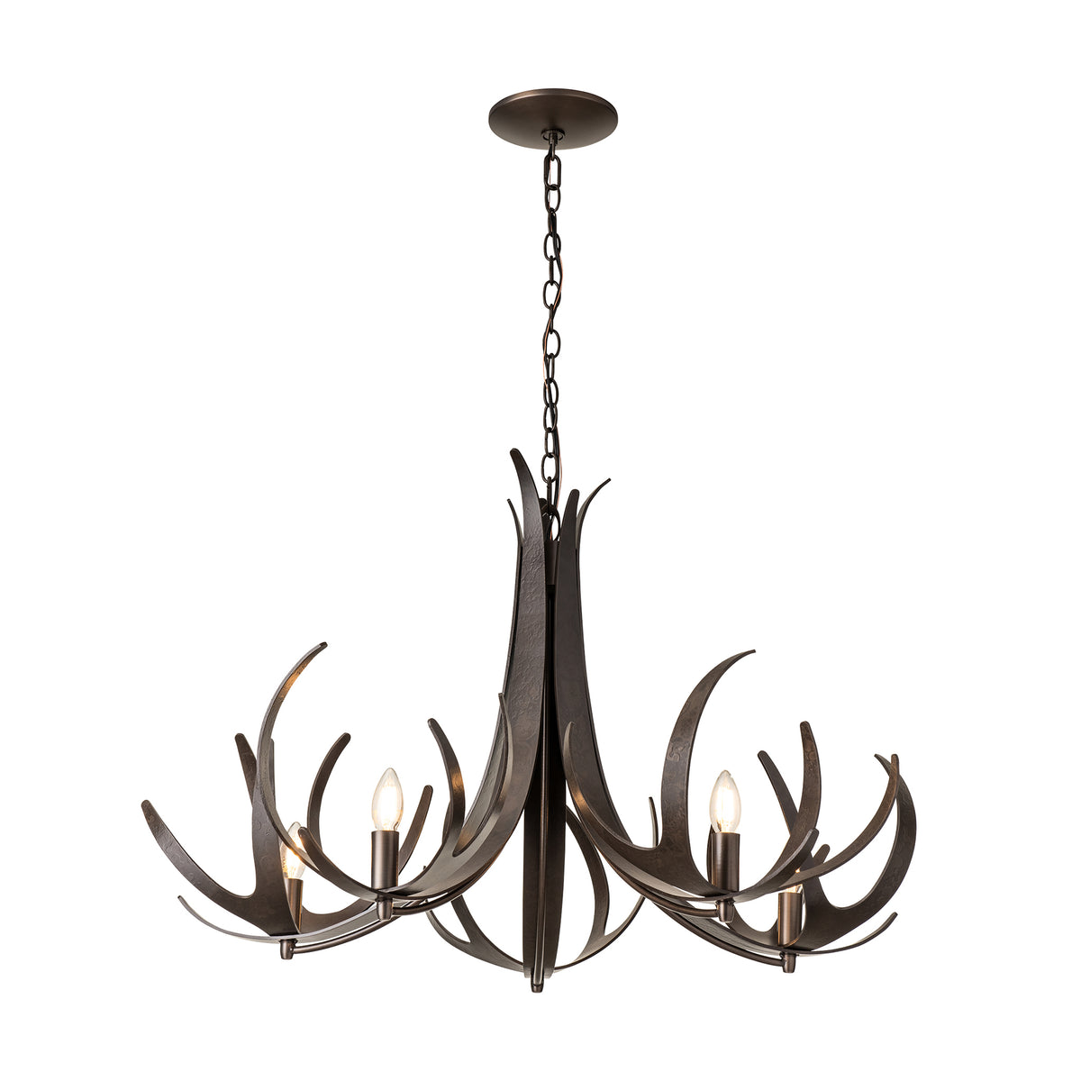 Hubbardton Forge Caribou 5-Light Chandelier featuring a dark finish and a curved, nature-inspired antler design.