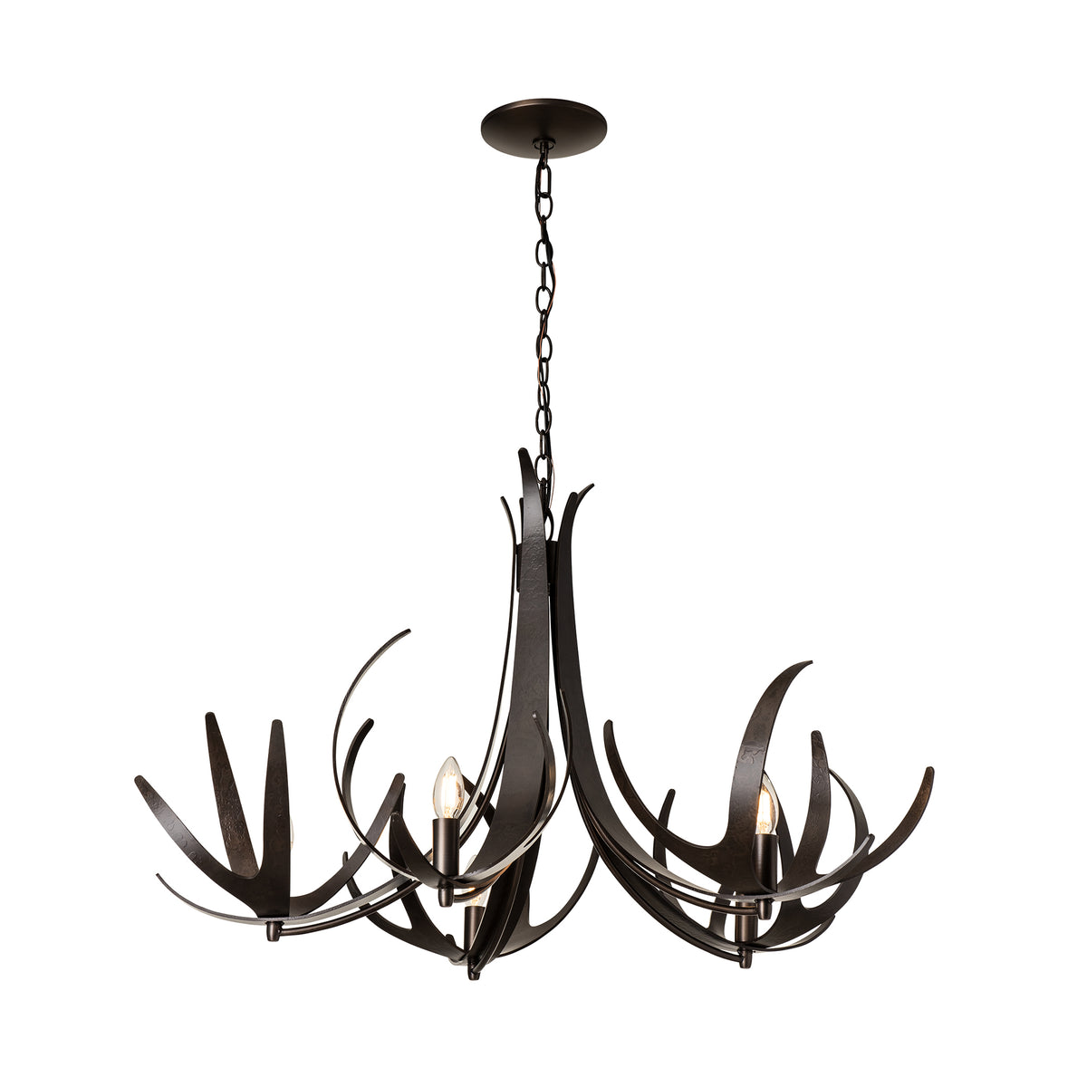 Hubbardton Forge Caribou 5-Light Chandelier, a handcrafted dark metal fixture with five lights on elegant, antler-inspired curved arms.