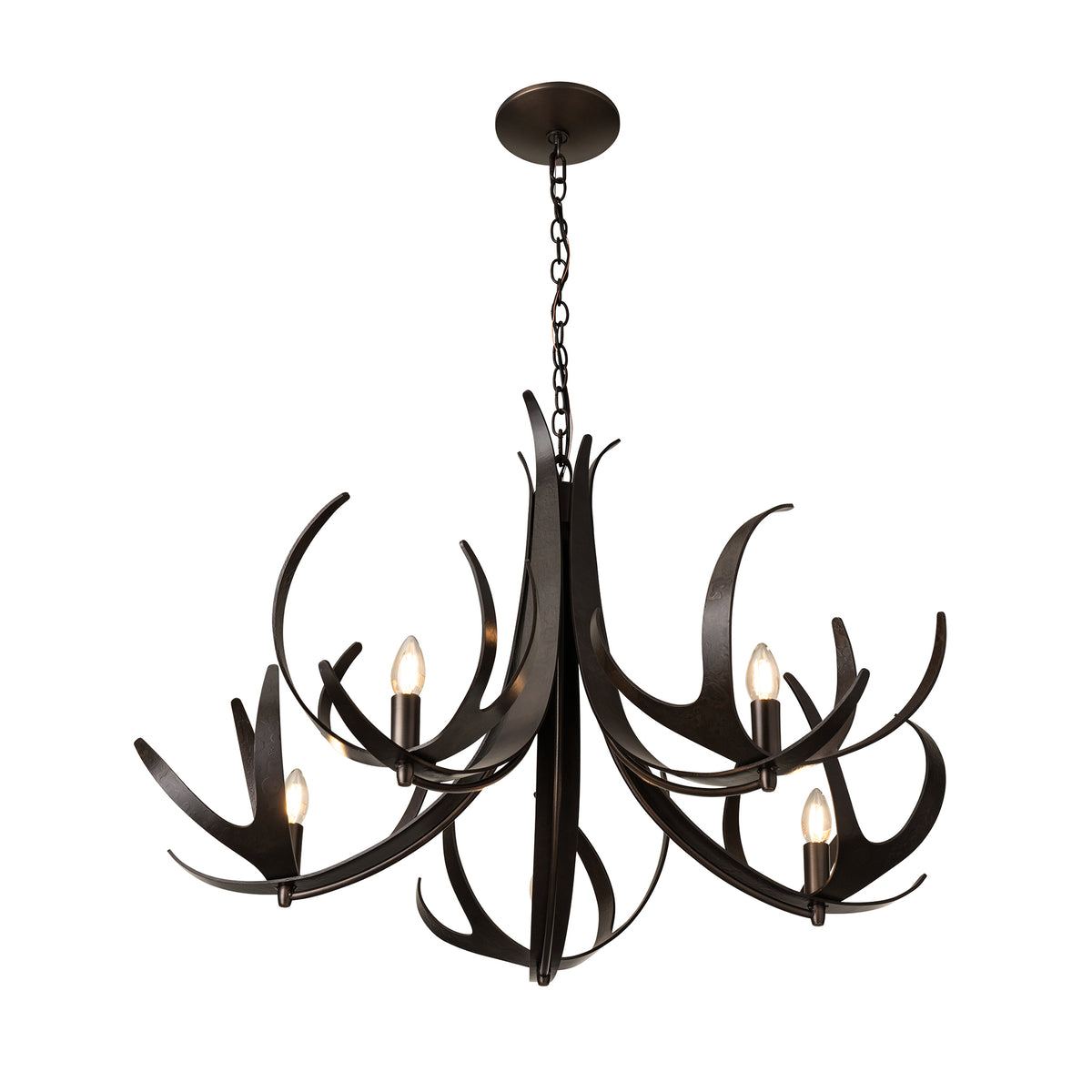 Hubbardton Forge Caribou 5-Light Chandelier featuring a modern, antler-inspired metal frame and five candelabra bulbs.