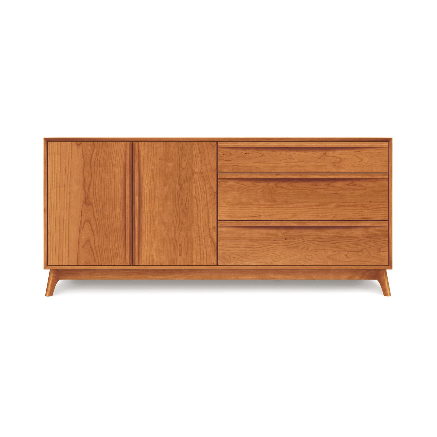 The Catalina 3-Drawer, 2-Door Dresser from Copeland Furniture is a mid-century modern wooden sideboard with a light brown finish. It features two vertical cabinets on the left side and three horizontal drawers on the right, offering ample bedroom storage. The minimalist design is complemented by tapered legs and clean lines.