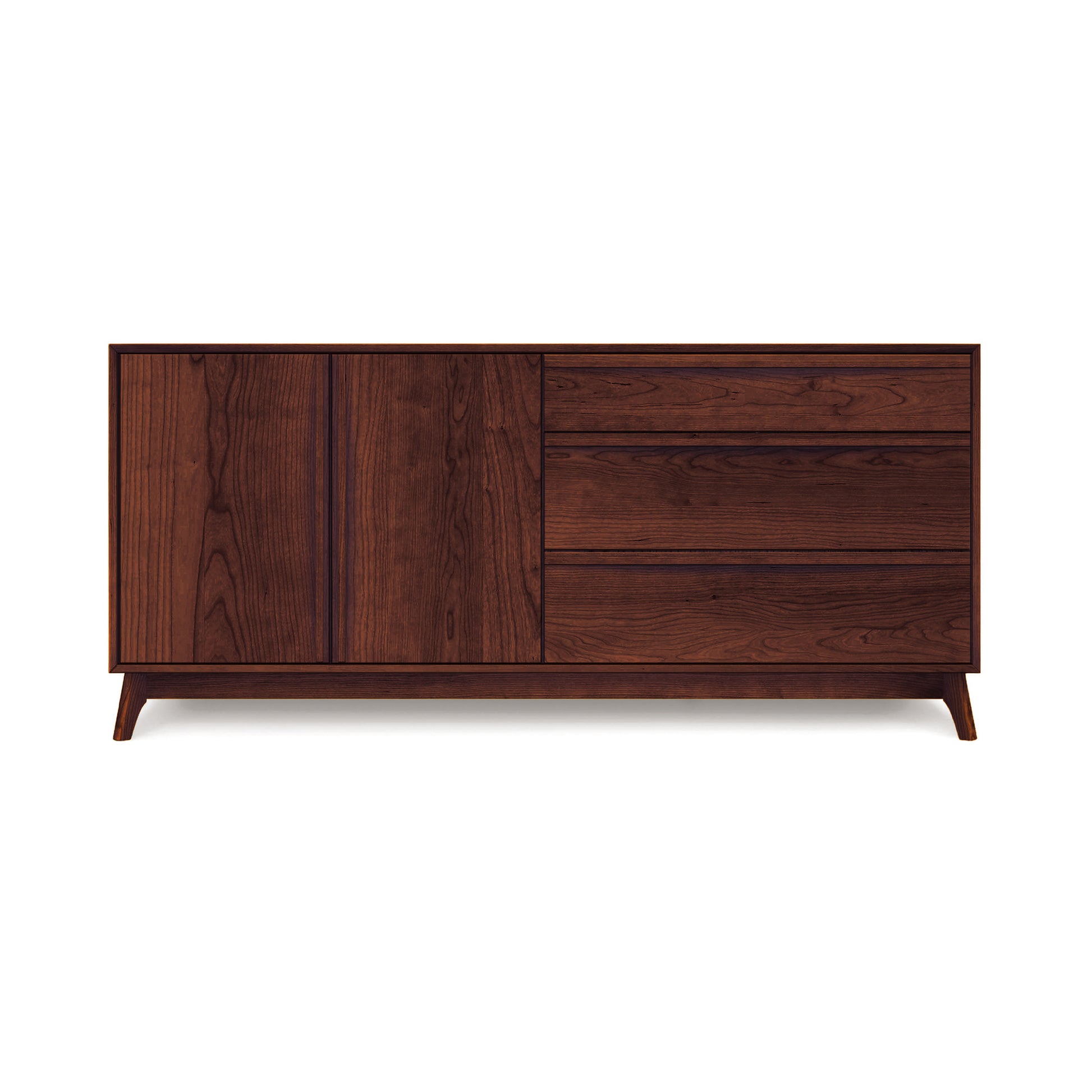 The Catalina 3-Drawer, 2-Door Dresser by Copeland Furniture boasts a mid-century modern design with a dark brown finish on its wooden frame. Perfect for bedroom storage, it features three drawers on the right side and a cabinet with two doors on the left side, all supported by short, angled legs.