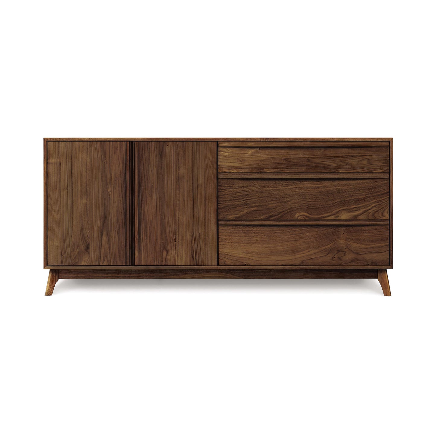 The Copeland Furniture Catalina 3-Drawer, 2-Door Dresser is a mid-century modern wooden sideboard with a natural finish. The left side features two vertical cabinet doors, while the right side has three horizontal drawers. This elegant piece stands on four tapered legs, offering stylish bedroom storage.