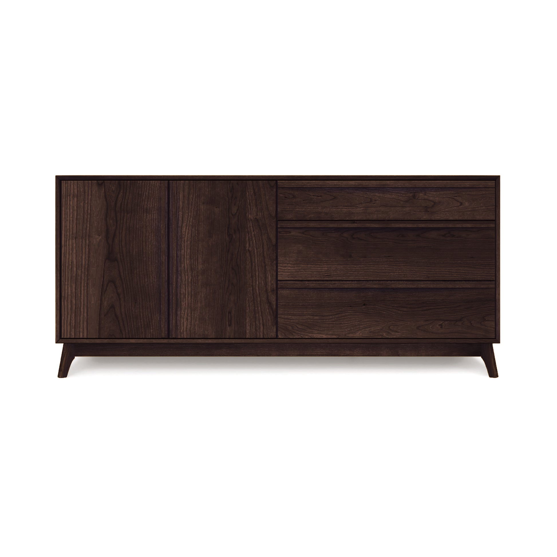 The Copeland Furniture Catalina 3-Drawer, 2-Door Dresser is a dark wooden sideboard with a minimalist, mid-century modern design. It features three drawers on the right side and two cabinet doors on the left. Crafted from solid wood, it boasts a smooth finish and stands elegantly on four tapered legs, positioned against a plain white background.