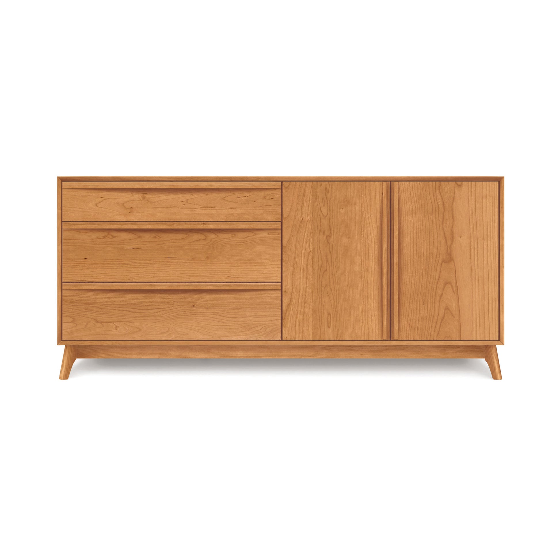 The Catalina 3-Drawer, 2-Door Dresser by Copeland Furniture showcases a mid-century modern design. It features three drawers on the left and two doors on the right, all finished in natural wood. Ideal for bedroom storage, this dresser stands elegantly on four tapered legs.