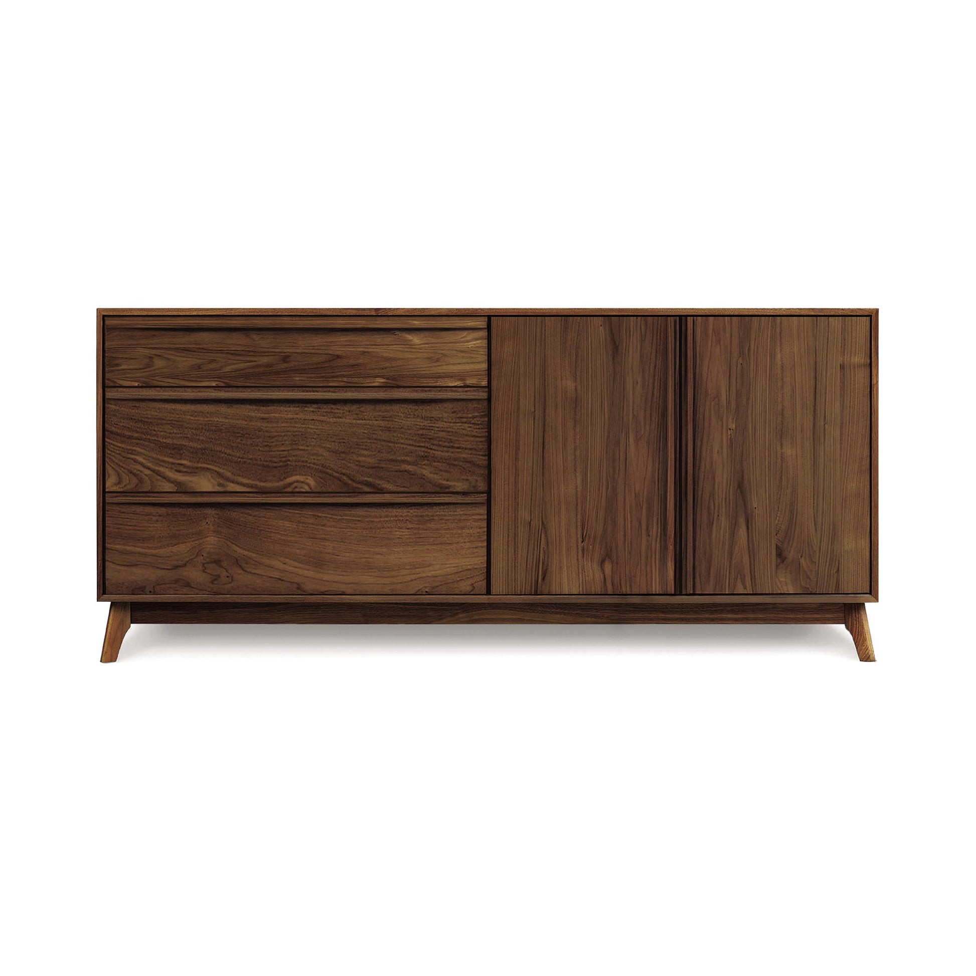 The Catalina 3-Drawer, 2-Door Dresser by Copeland Furniture is a wooden sideboard with a mid-century modern design. It features three horizontal drawers on the left and two vertical cabinet doors on the right, making it ideal for bedroom storage. Elevated on short, angled legs, this dresser showcases wood with a natural finish and visible grain and knots.