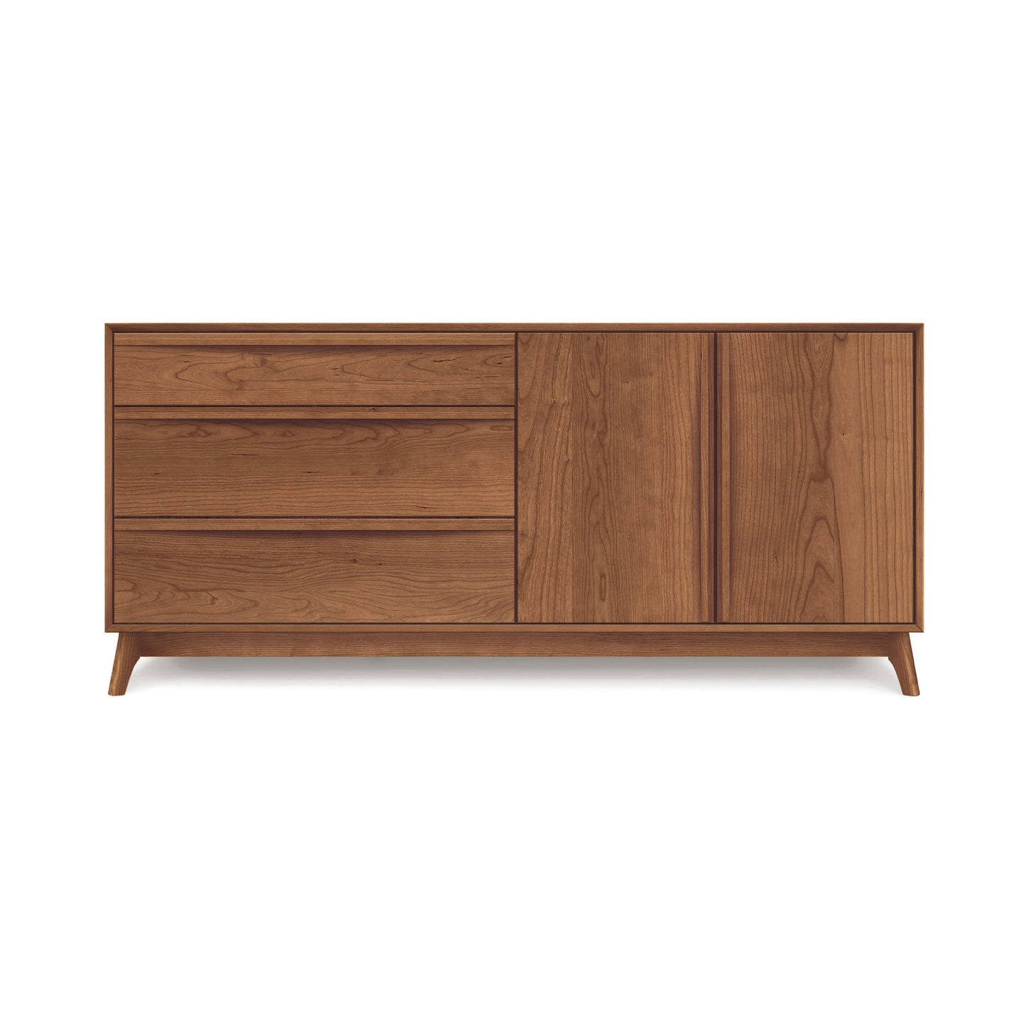 The Catalina 3-Drawer, 2-Door Dresser by Copeland Furniture is a Mid-century modern wooden sideboard with a natural finish featuring three left-side drawers and two right-side cabinet doors. Perfect for bedroom storage, this dresser stands on short, angled legs and boasts a clean, minimalist design.