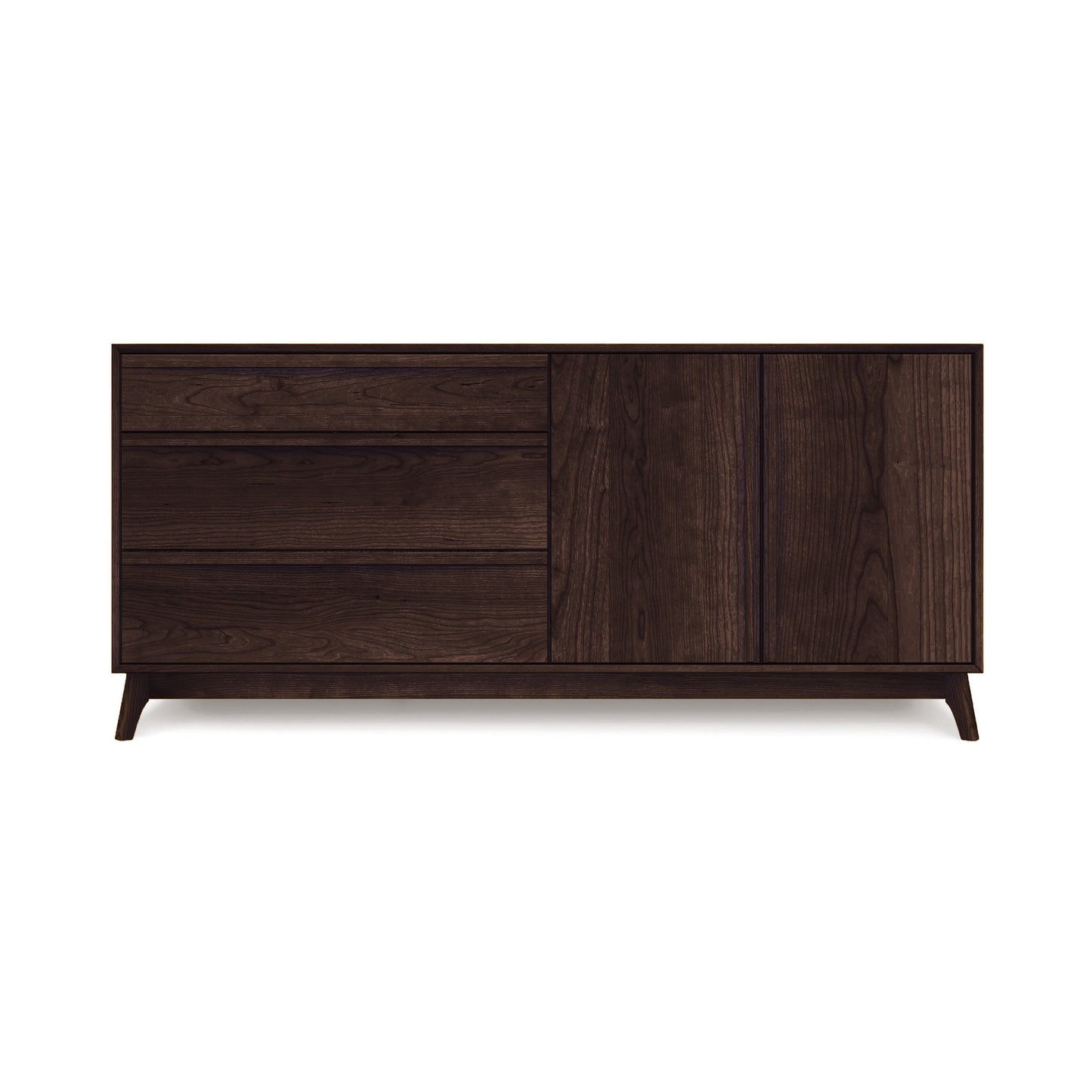 A wooden sideboard with a dark brown finish, this piece embodies Mid-century modern design. Named the Catalina 3-Drawer, 2-Door Dresser from Copeland Furniture, it features two sections: three horizontal drawers on the left and a cabinet with two vertical doors on the right, standing on four short legs. Ideal for bedroom storage, it rivals any other dresser in style and functionality.