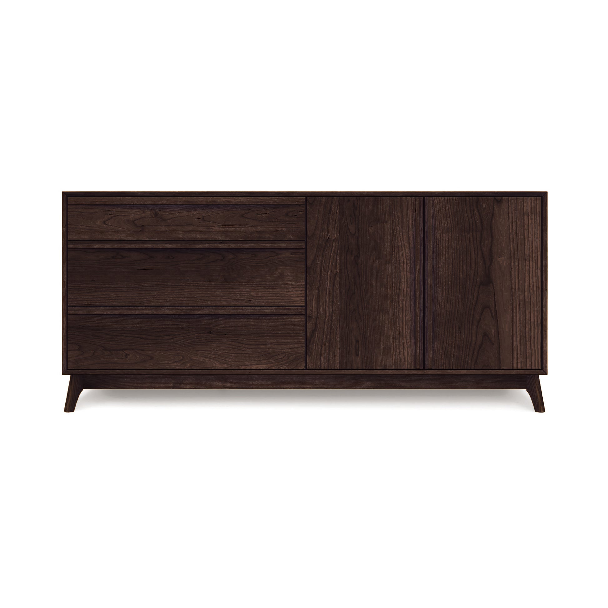 A wooden sideboard with a dark brown finish, this piece embodies Mid-century modern design. Named the Catalina 3-Drawer, 2-Door Dresser from Copeland Furniture, it features two sections: three horizontal drawers on the left and a cabinet with two vertical doors on the right, standing on four short legs. Ideal for bedroom storage, it rivals any other dresser in style and functionality.