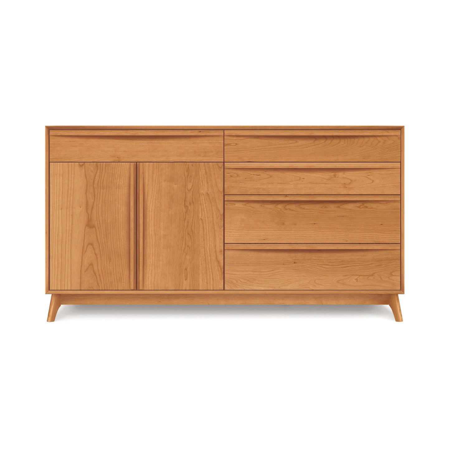 The Catalina 5-Drawer, 2-Door Dresser by Copeland Furniture is a wooden sideboard with a minimalist design, ideal as a Mid-century modern dresser. The left half features two doors opening to vertical storage space, while the right half has five drawers. Crafted from solid wood, it boasts a light brown finish and stands on four short legs, making it perfect for bedroom storage.