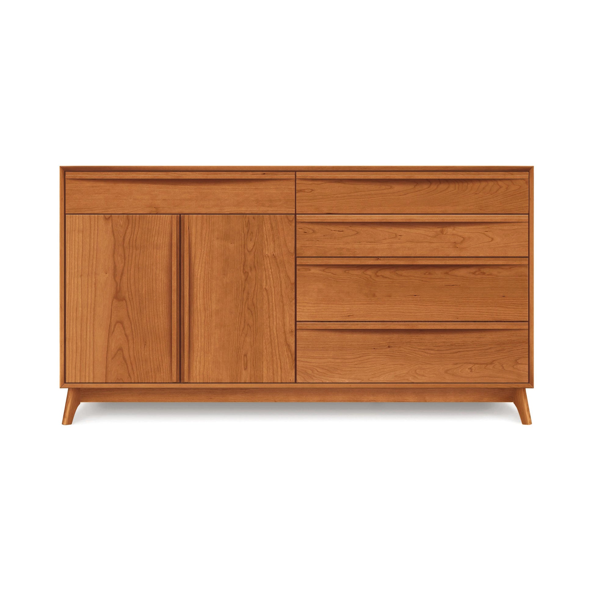 The Copeland Furniture Catalina 5-Drawer, 2-Door Dresser features a sleek, minimalist design from the Catalina Furniture Collection. The left side has two vertical cabinet doors, while the right side is equipped with four horizontal drawers. A warm, natural cherry finish accentuates its mid-century modern aesthetic, and it stands on short, angled legs.