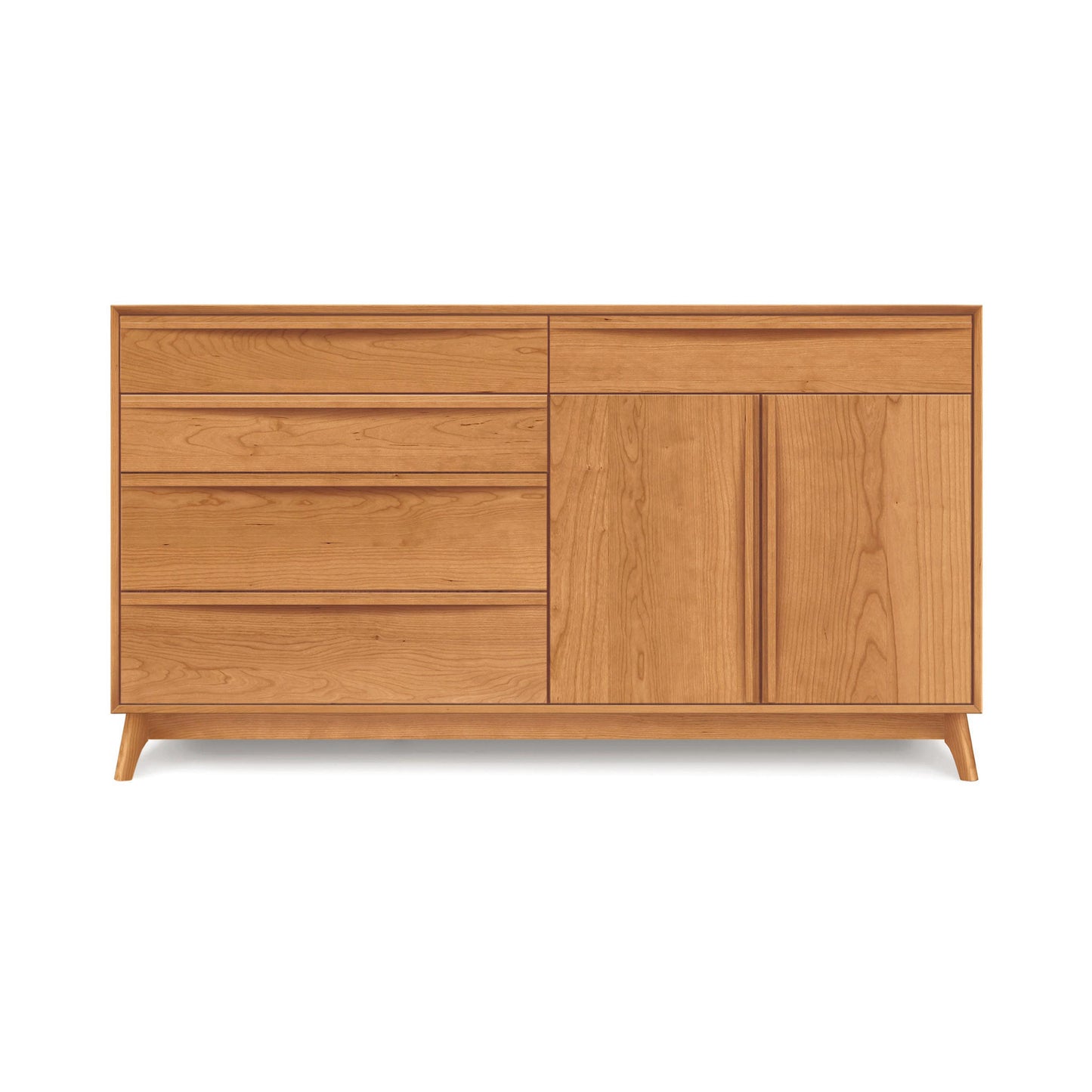 A light brown wooden dresser from the Copeland Furniture Catalina Collection, featuring a minimalist design. The Catalina 5-Drawer, 2-Door Dresser has four drawers on the left side and two cabinet doors on the right. This mid-century modern dresser sits on short, angled legs and boasts a smooth, unembellished surface.