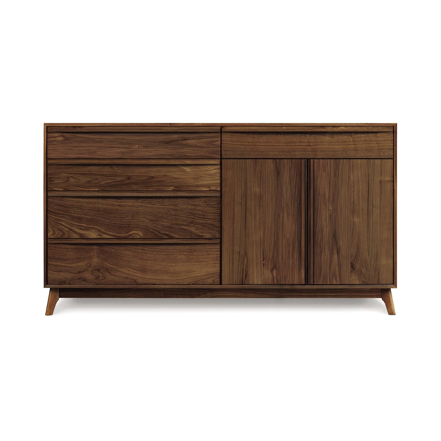 The Catalina 5-Drawer, 2-Door Dresser from Copeland Furniture is a wooden sideboard with a modern design, perfect for bedroom storage. The left side features three horizontal drawers, while the right side includes a vertical drawer above two cabinet doors. This Mid-century modern dresser stands on four short legs and boasts a natural wood finish.