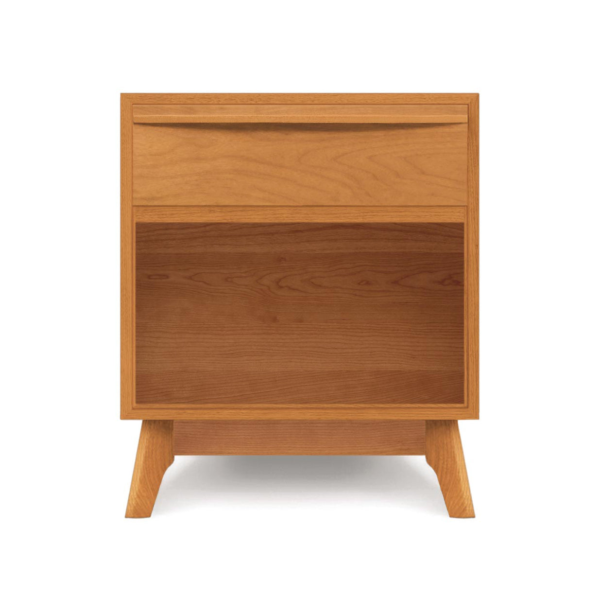 The Catalina 1-Drawer Enclosed Shelf Nightstand by Copeland Furniture is a modern addition to any bedroom, made of solid wood and featuring two drawers.