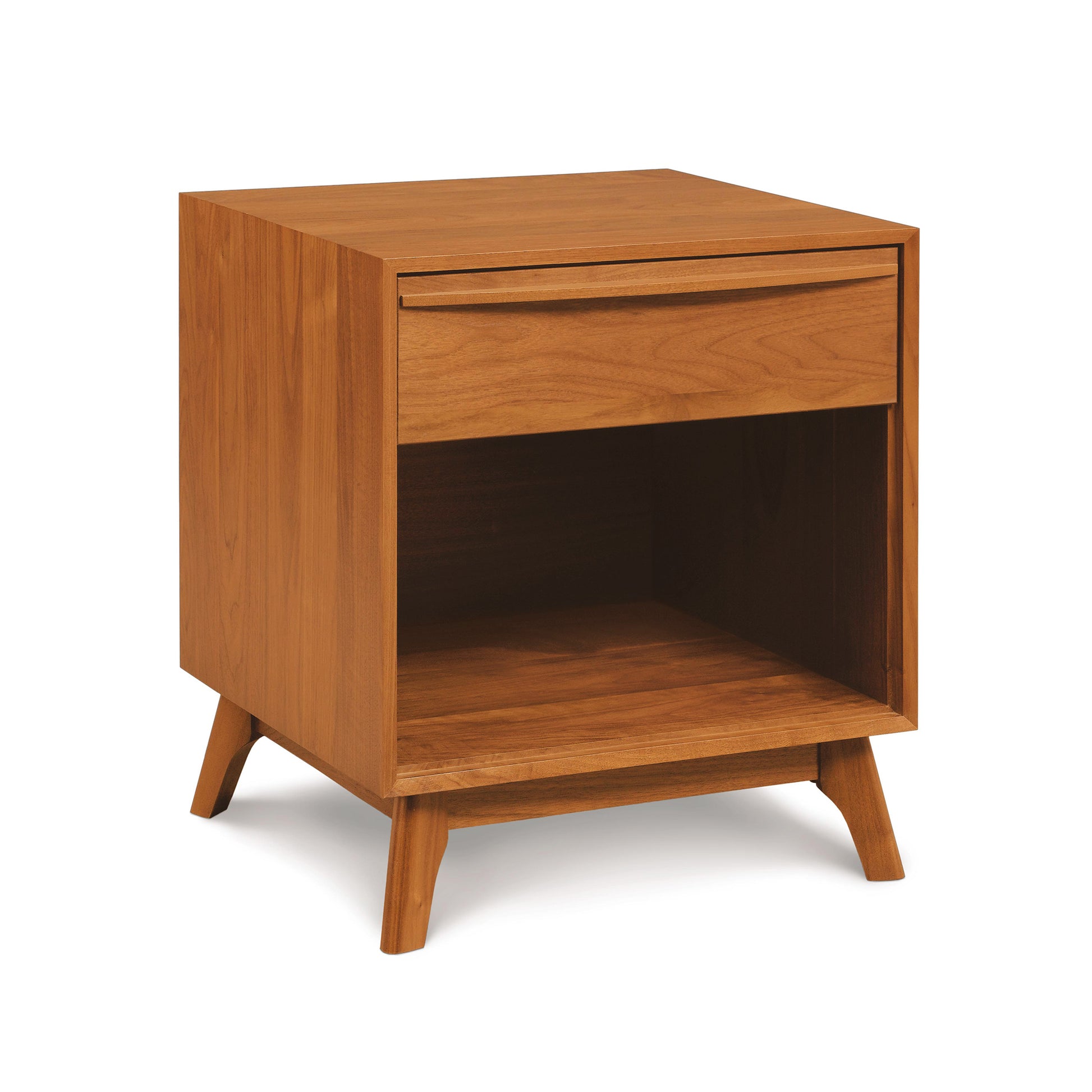 Catalina 1-Drawer Enclosed Shelf Nightstand from Copeland Furniture, with a single drawer and an open lower shelf, placed against a white background.