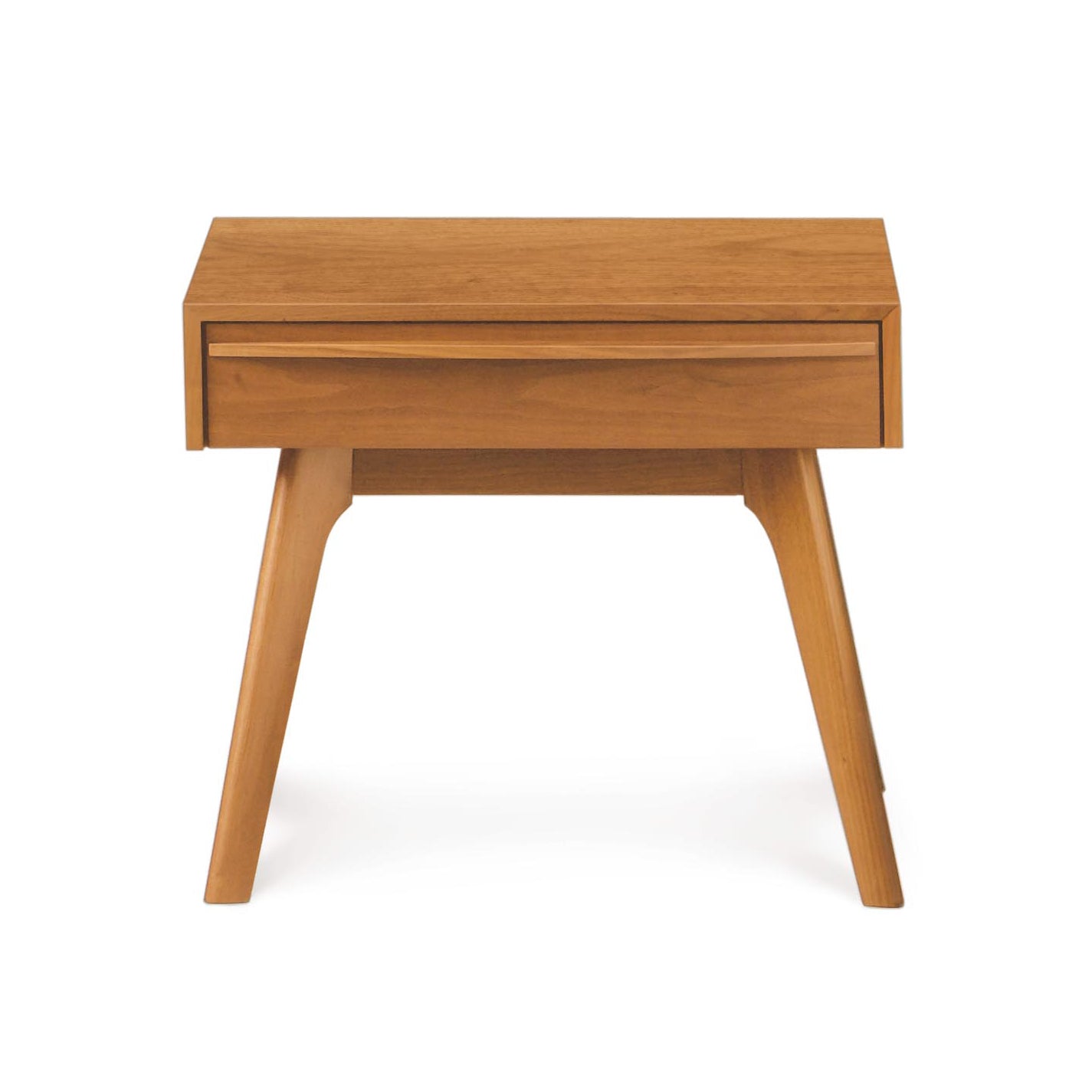 Catalina 1-Drawer Nightstand: Solid wood nightstand with a single drawer, featuring angled legs, isolated on a white background. Brand: Copeland Furniture.