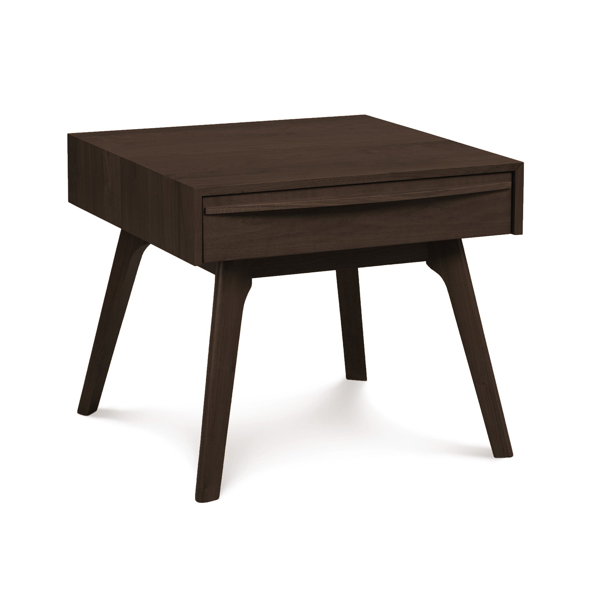 A modern dark brown Copeland Furniture Catalina 1-Drawer Nightstand with angled legs.