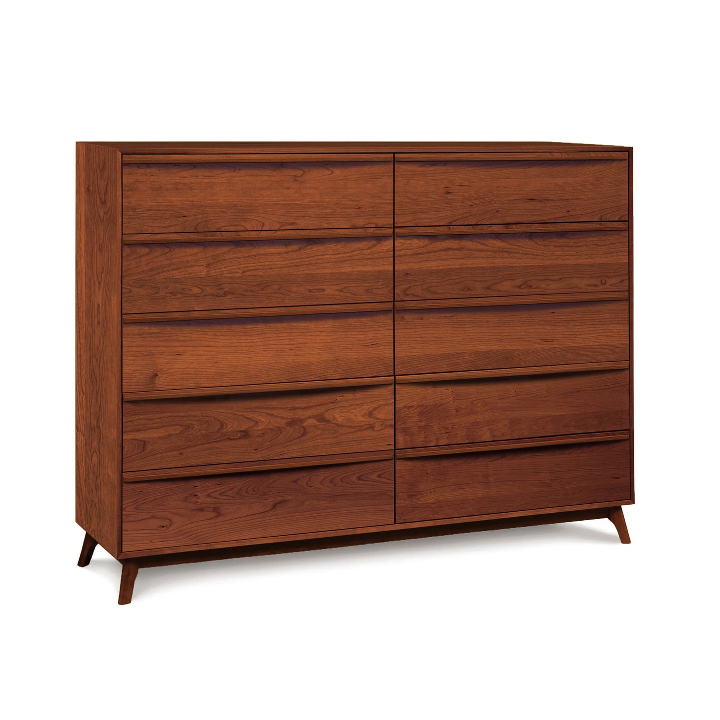 A Catalina 10-Drawer Dresser by Copeland Furniture with angled legs, crafted from natural cherry wood, against a white background.