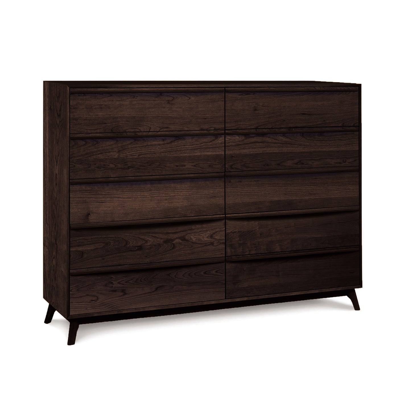 A Catalina 10-Drawer Dresser by Copeland Furniture, a mid-century modern, dark wooden dresser with six horizontal drawers on angled legs for bedroom storage.