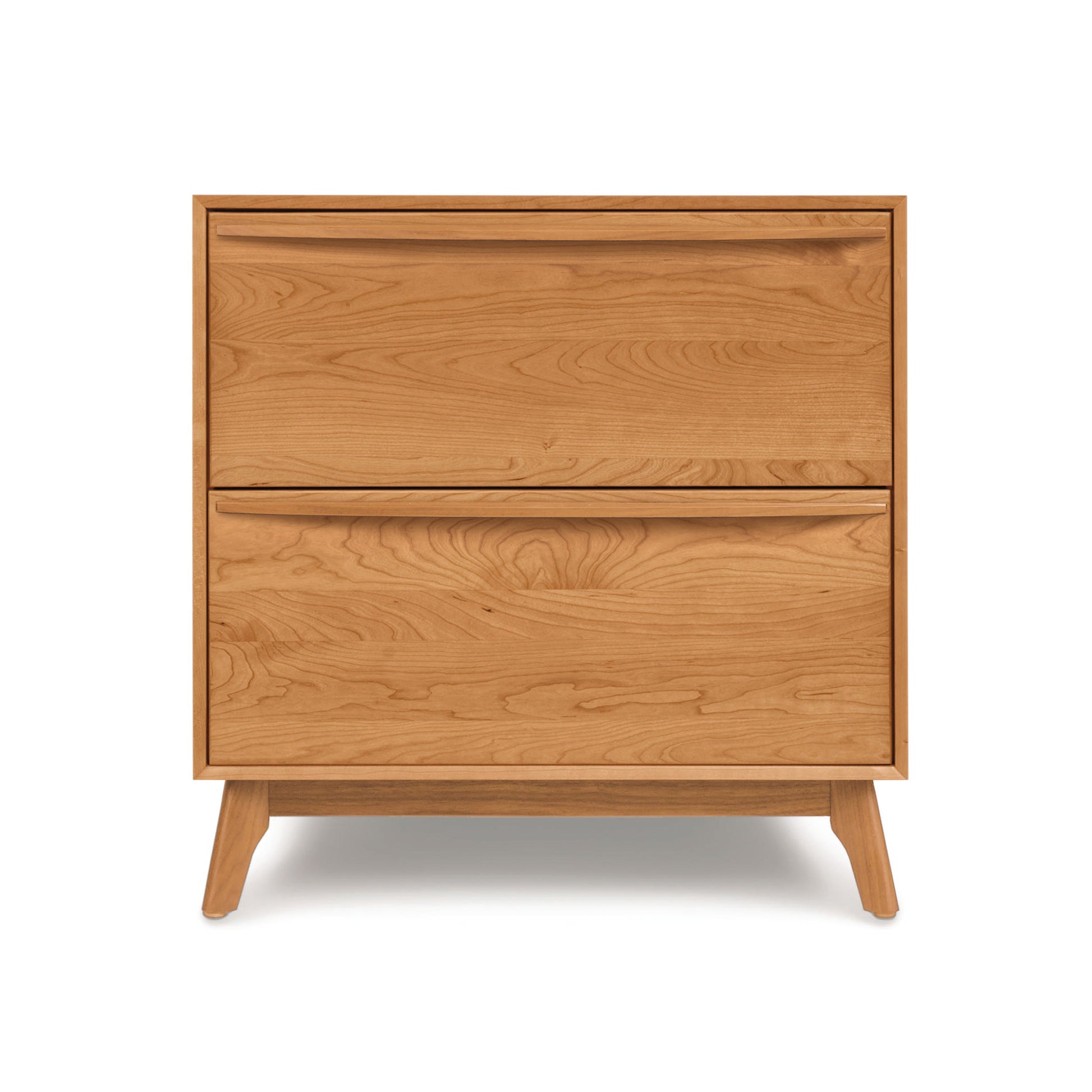 The Catalina 2-Drawer Nightstand by Copeland Furniture is a contemporary style wooden nightstand handmade in Bradford. It features two drawers and is displayed on a white background.