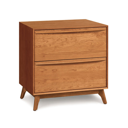 Catalina 2-Drawer Nightstand by Copeland Furniture showcasing mid-century modern design with angled legs and solid natural hardwood construction.