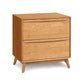 Catalina 2-Drawer Nightstand by Copeland Furniture featuring a light finish, sustainable wood, two drawers, and four tapered legs.