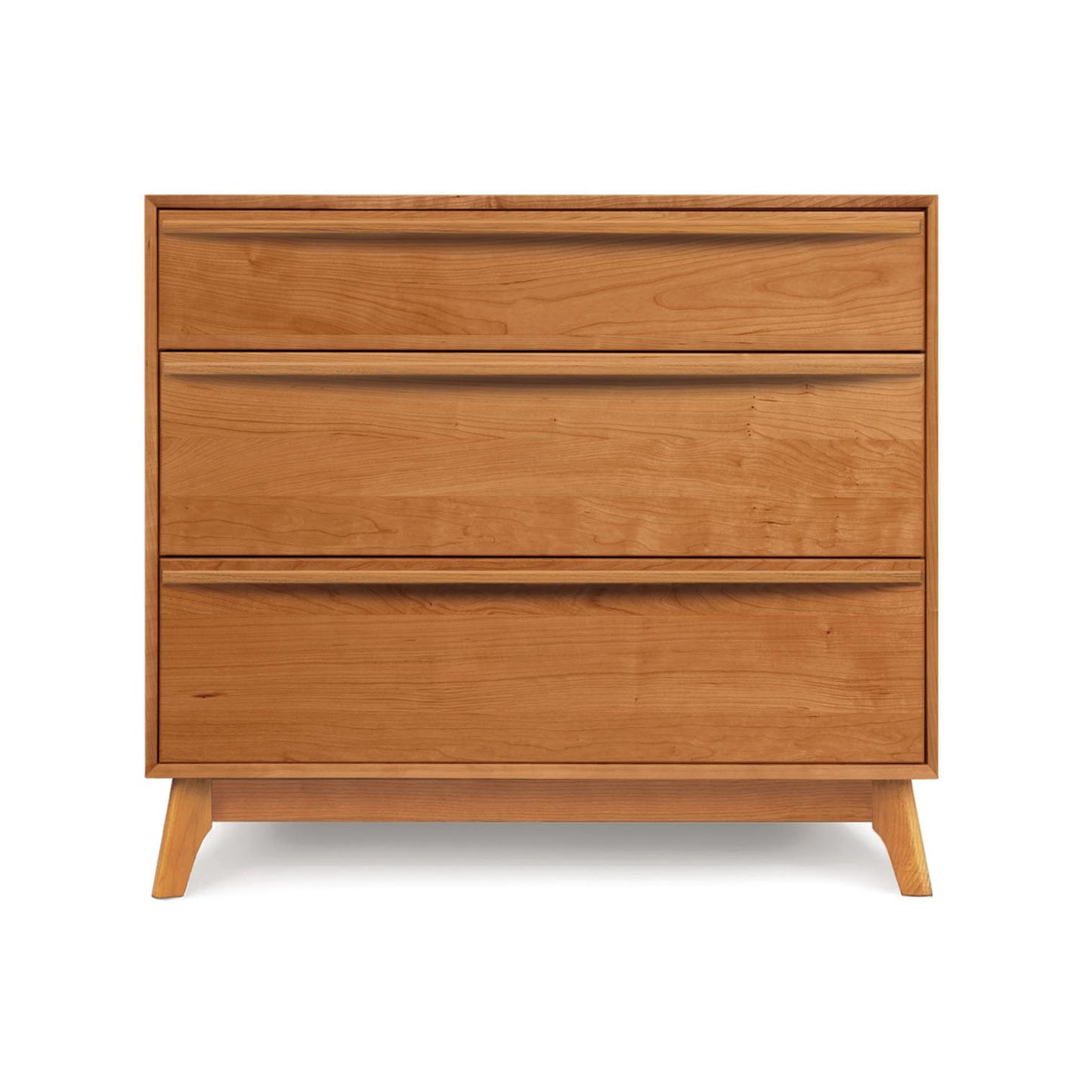 A solid natural cherry Copeland Furniture Catalina 3-Drawer Chest isolated on a white background.