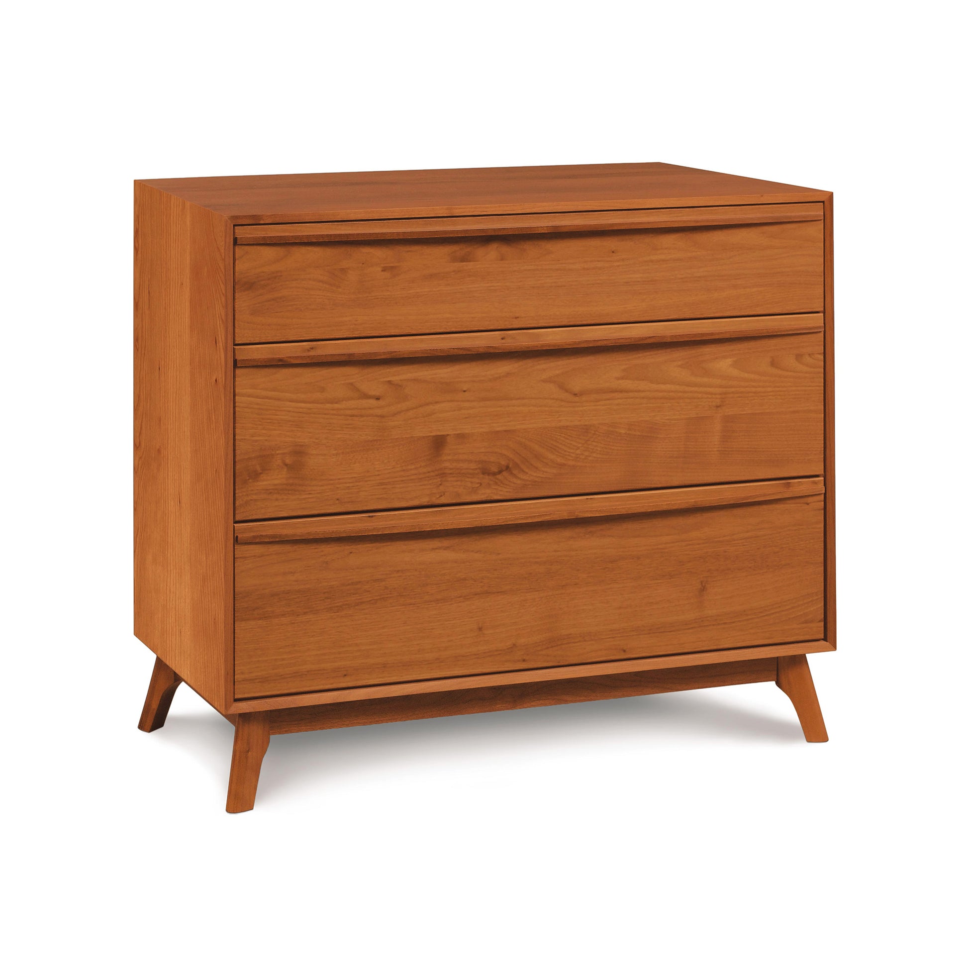 A modern Copeland Furniture Catalina 3-Drawer Chest crafted from solid walnut hardwood, featuring angled legs on a plain background.
