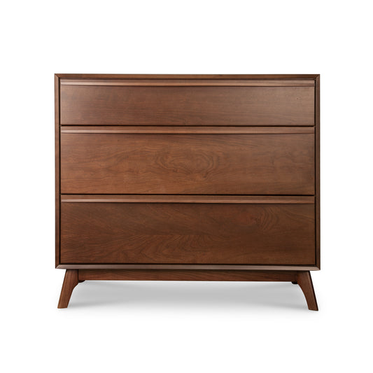 Catalina 3-Drawer Chest by Copeland Furniture in Saddle Cherry finish with angled legs, made in USA. High quality wood construction, clearance item.